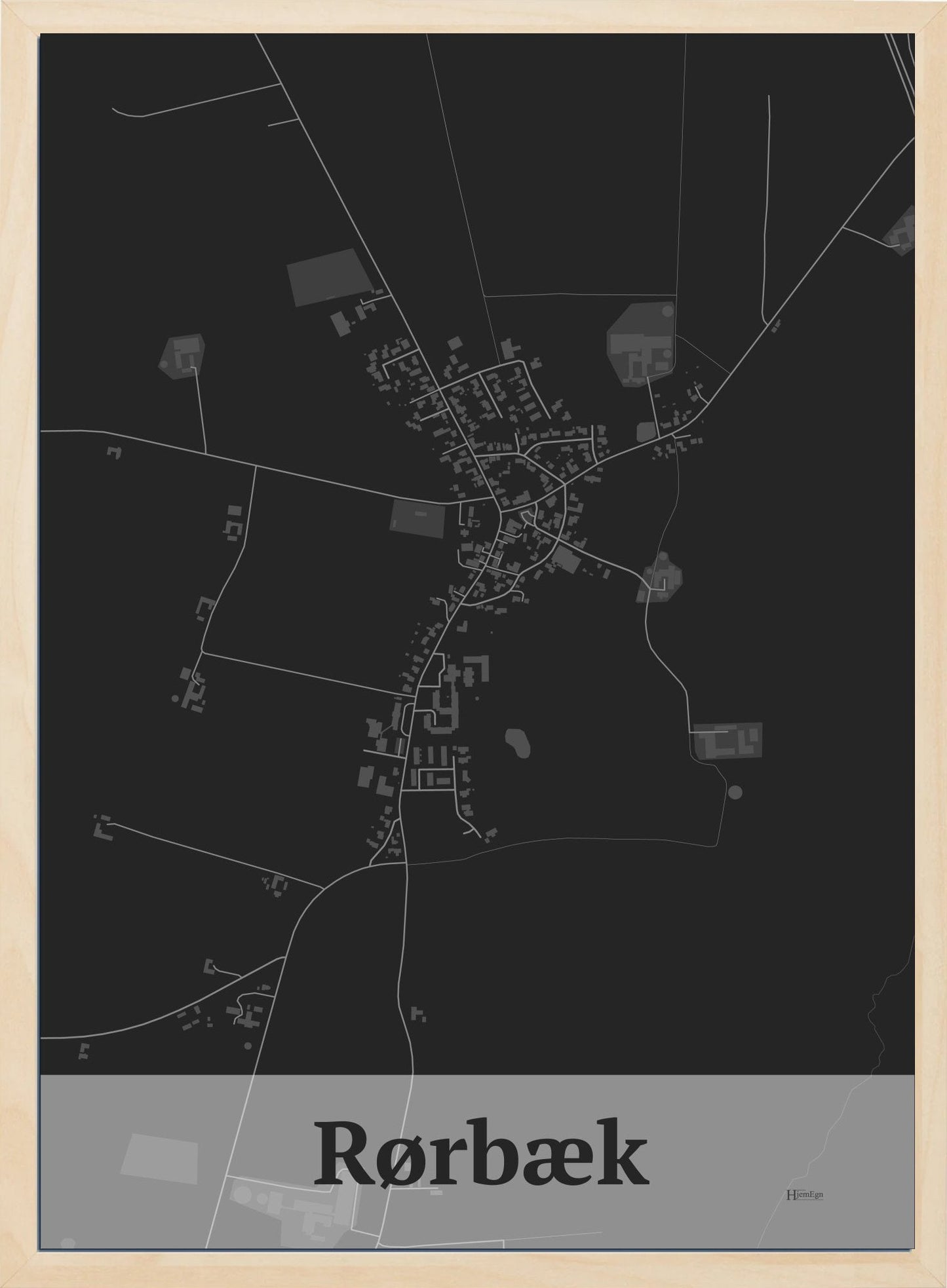 Rørbæk plakat i farve mørk grå og HjemEgn.dk design firkantet. Design bykort for Rørbæk