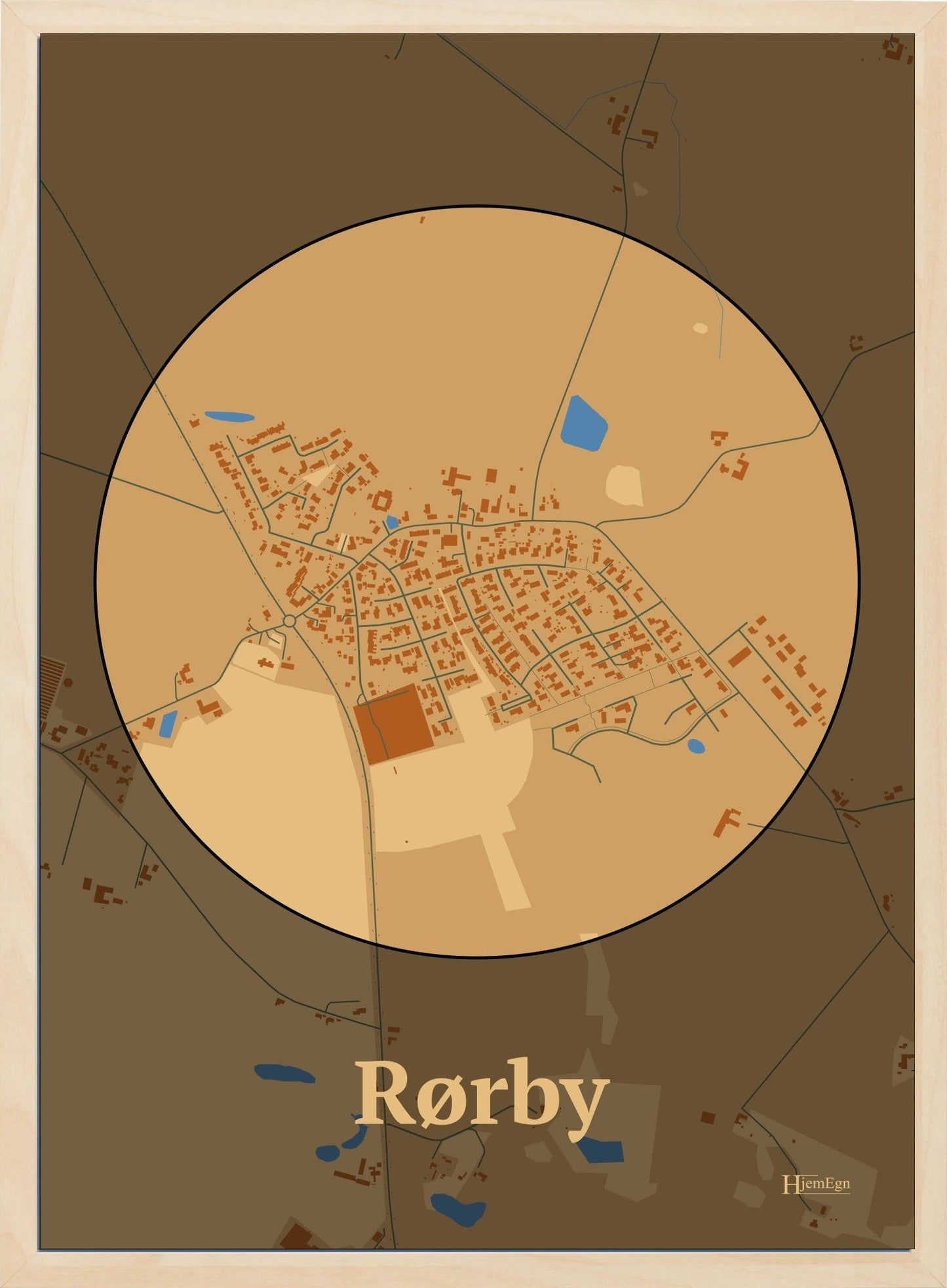 Rørby plakat i farve pastel brun og HjemEgn.dk design centrum. Design bykort for Rørby