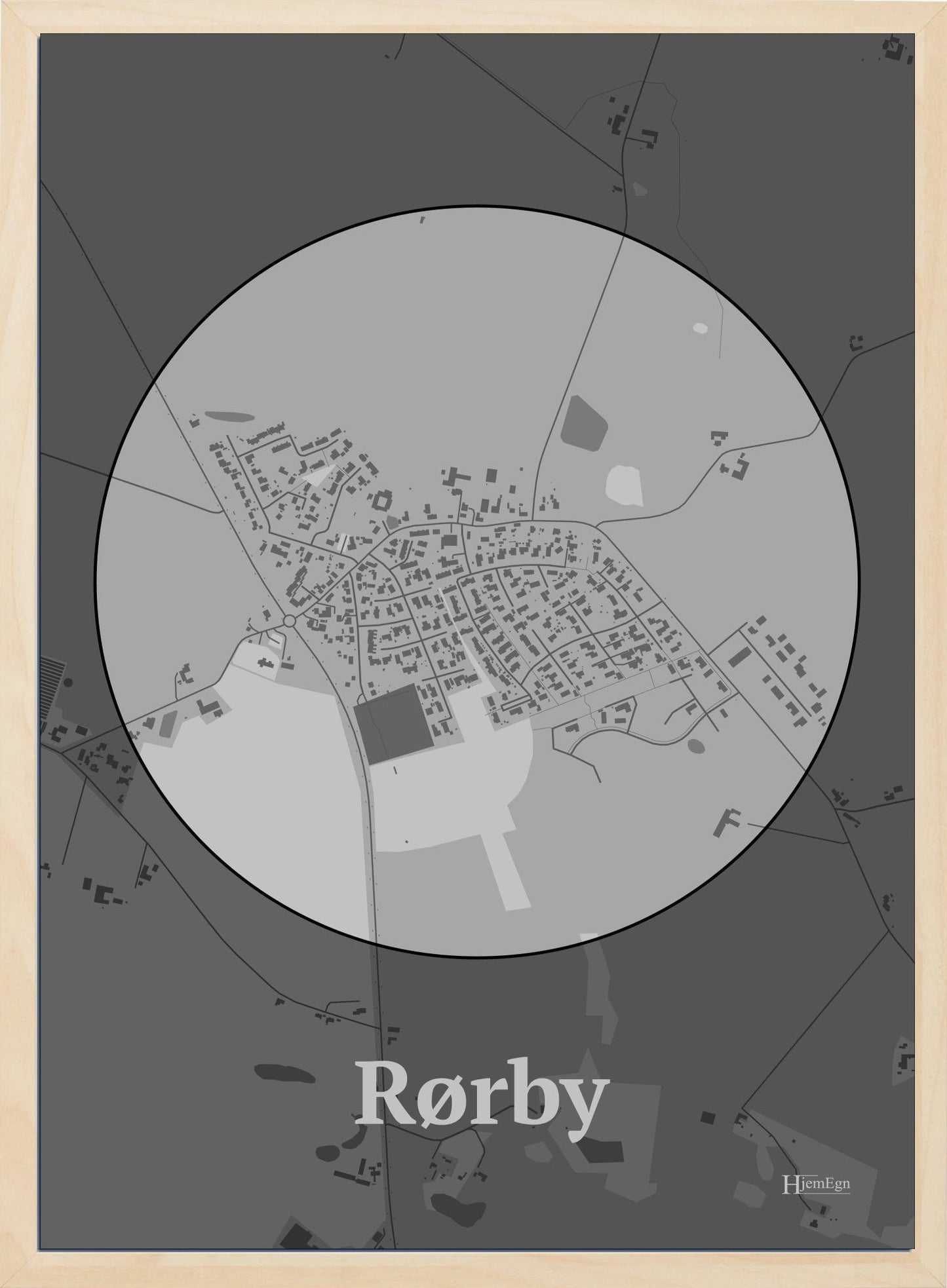 Rørby plakat i farve pastel grå og HjemEgn.dk design centrum. Design bykort for Rørby