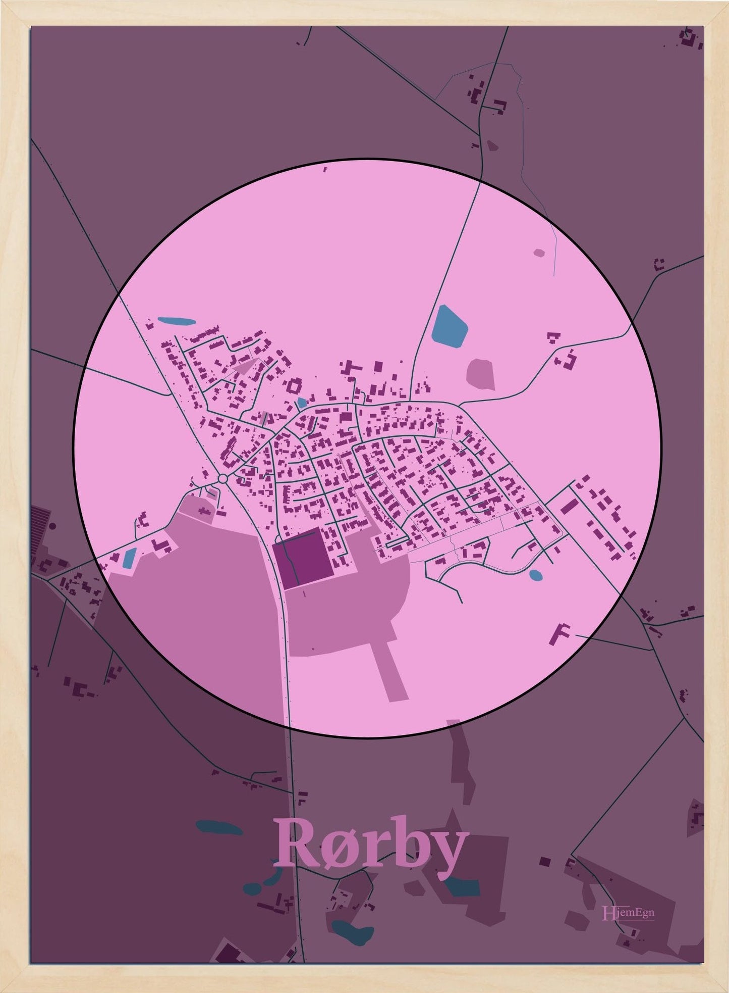 Rørby plakat i farve pastel rød og HjemEgn.dk design centrum. Design bykort for Rørby