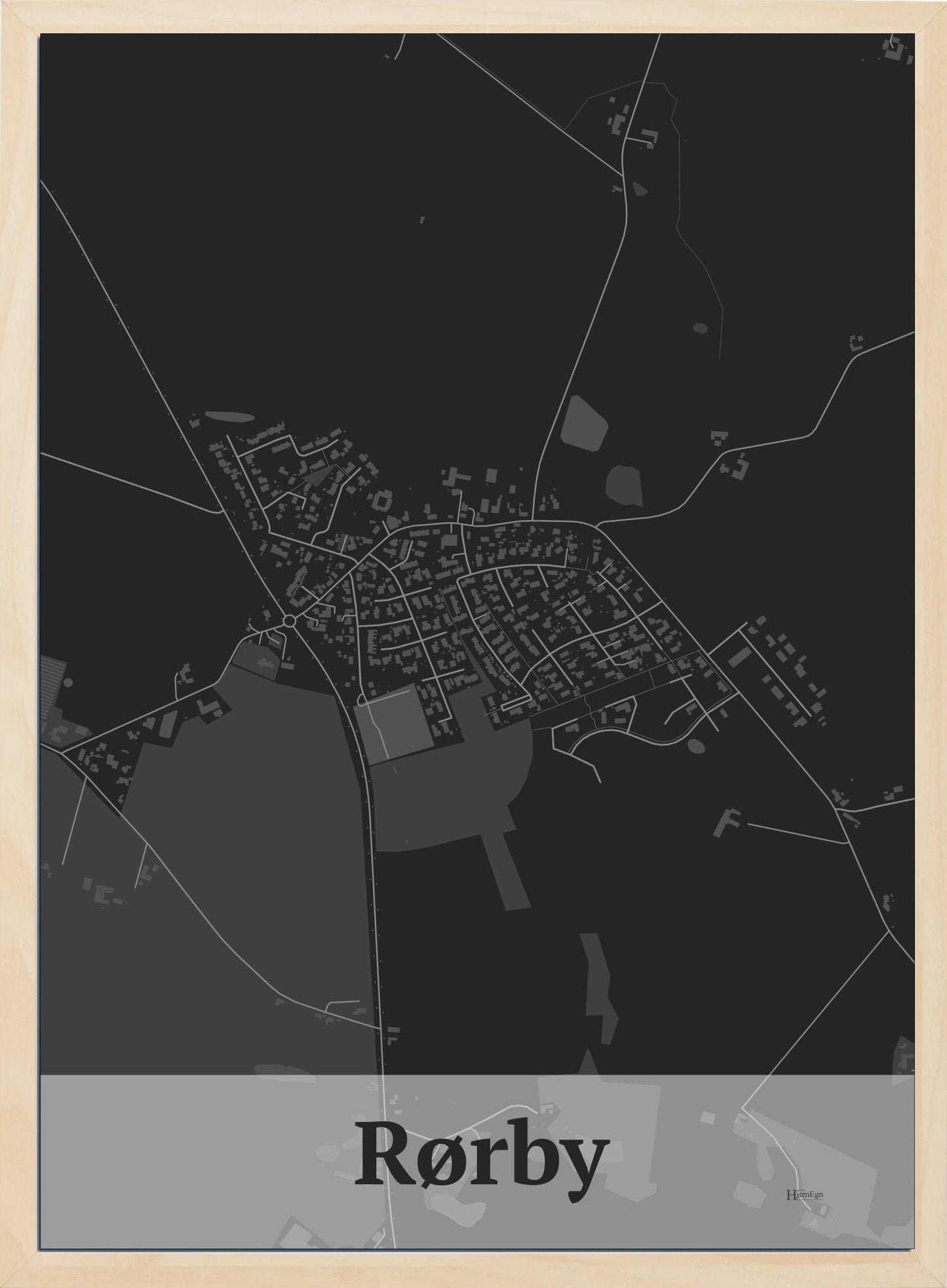 Rørby plakat i farve mørk grå og HjemEgn.dk design firkantet. Design bykort for Rørby