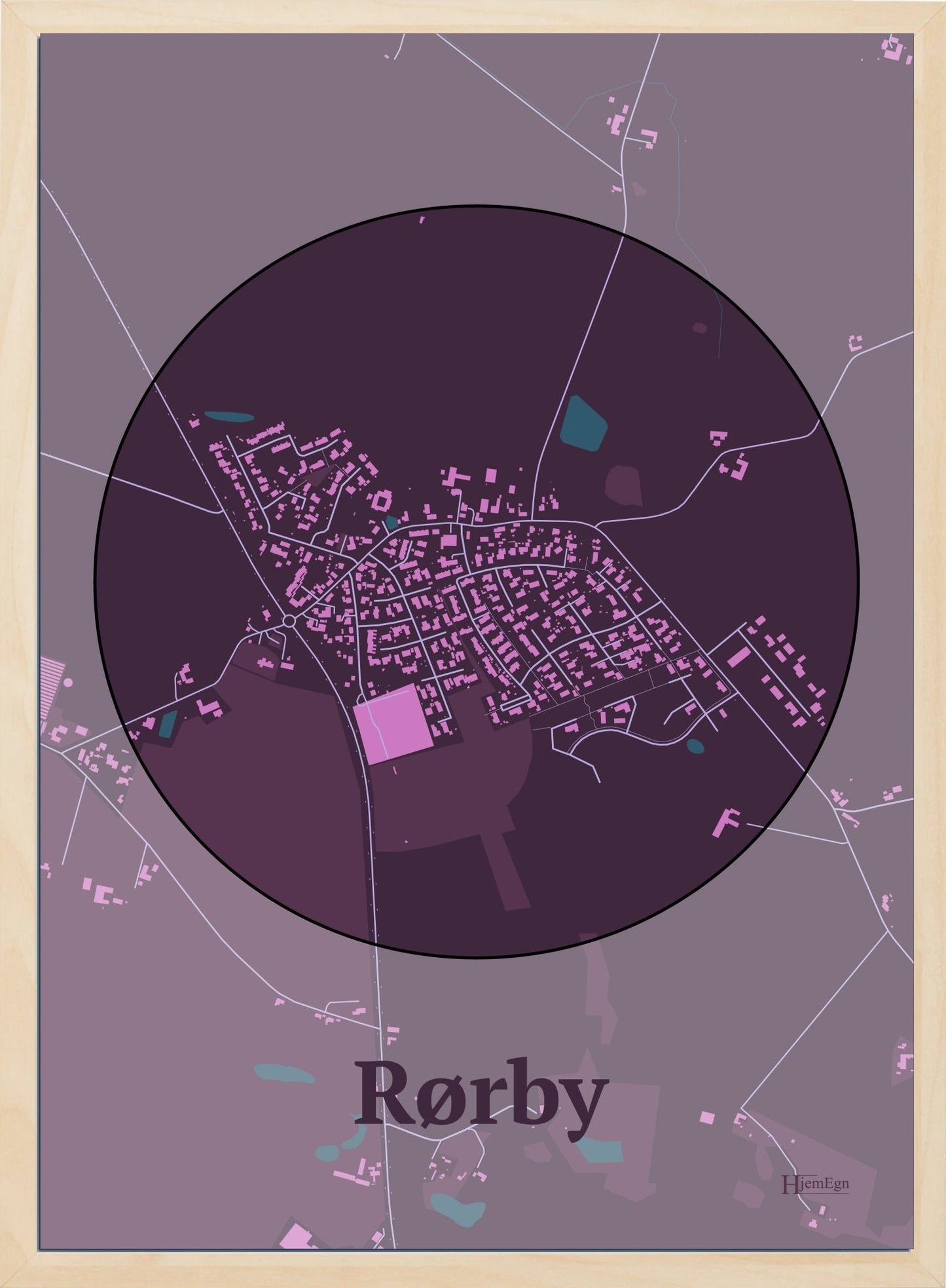 Rørby plakat i farve mørk rød og HjemEgn.dk design centrum. Design bykort for Rørby