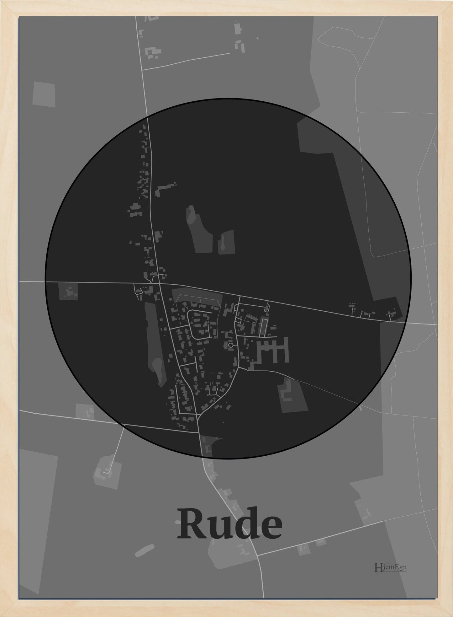 Rude plakat i farve mørk grå og HjemEgn.dk design centrum. Design bykort for Rude