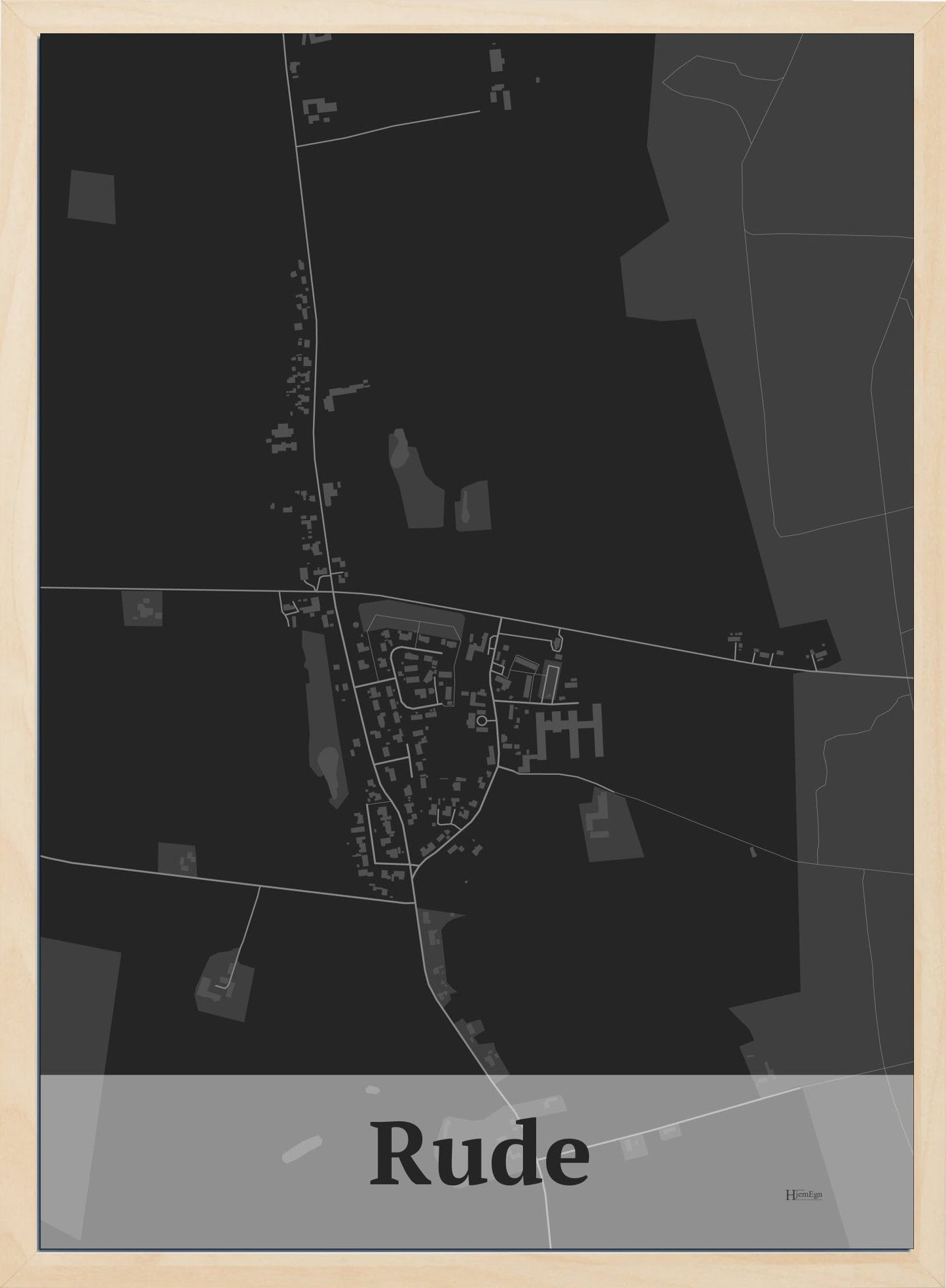 Rude plakat i farve mørk grå og HjemEgn.dk design firkantet. Design bykort for Rude