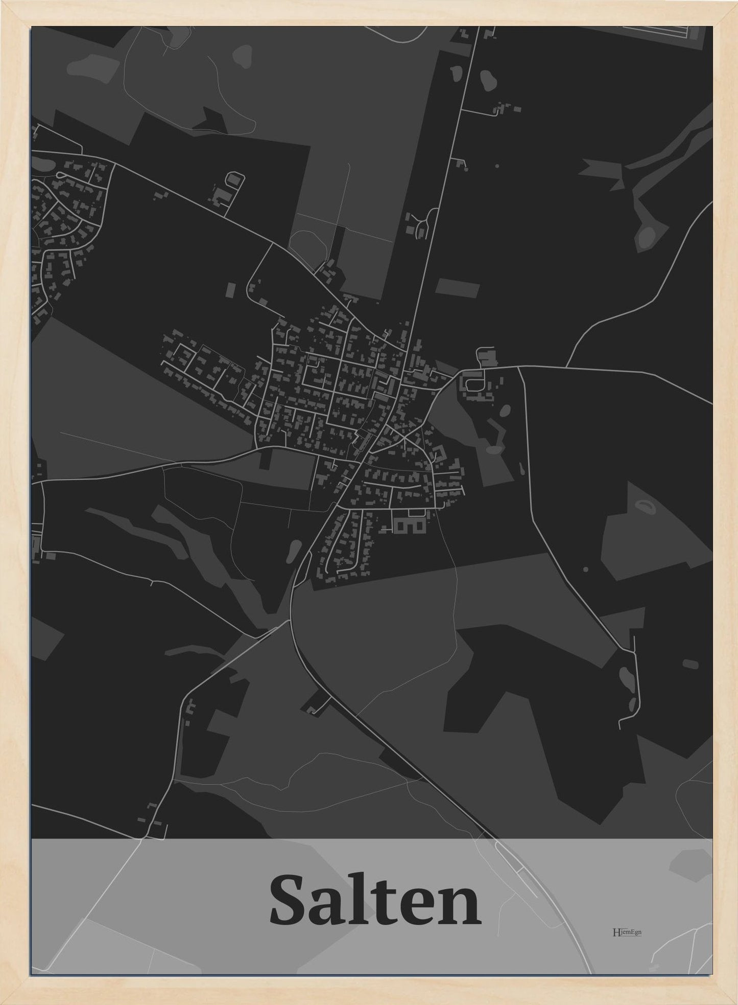 Salten plakat i farve mørk grå og HjemEgn.dk design firkantet. Design bykort for Salten