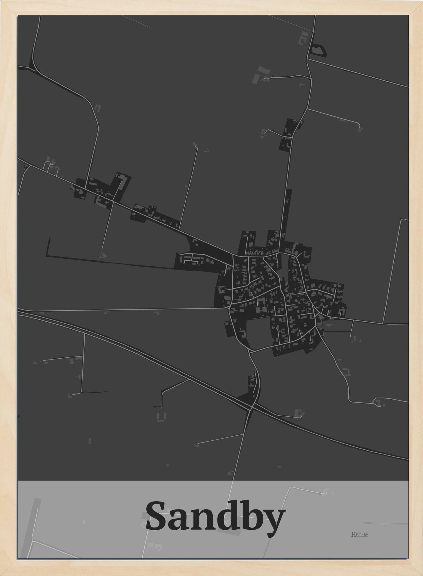 Sandby plakat i farve mørk grå og HjemEgn.dk design firkantet. Design bykort for Sandby