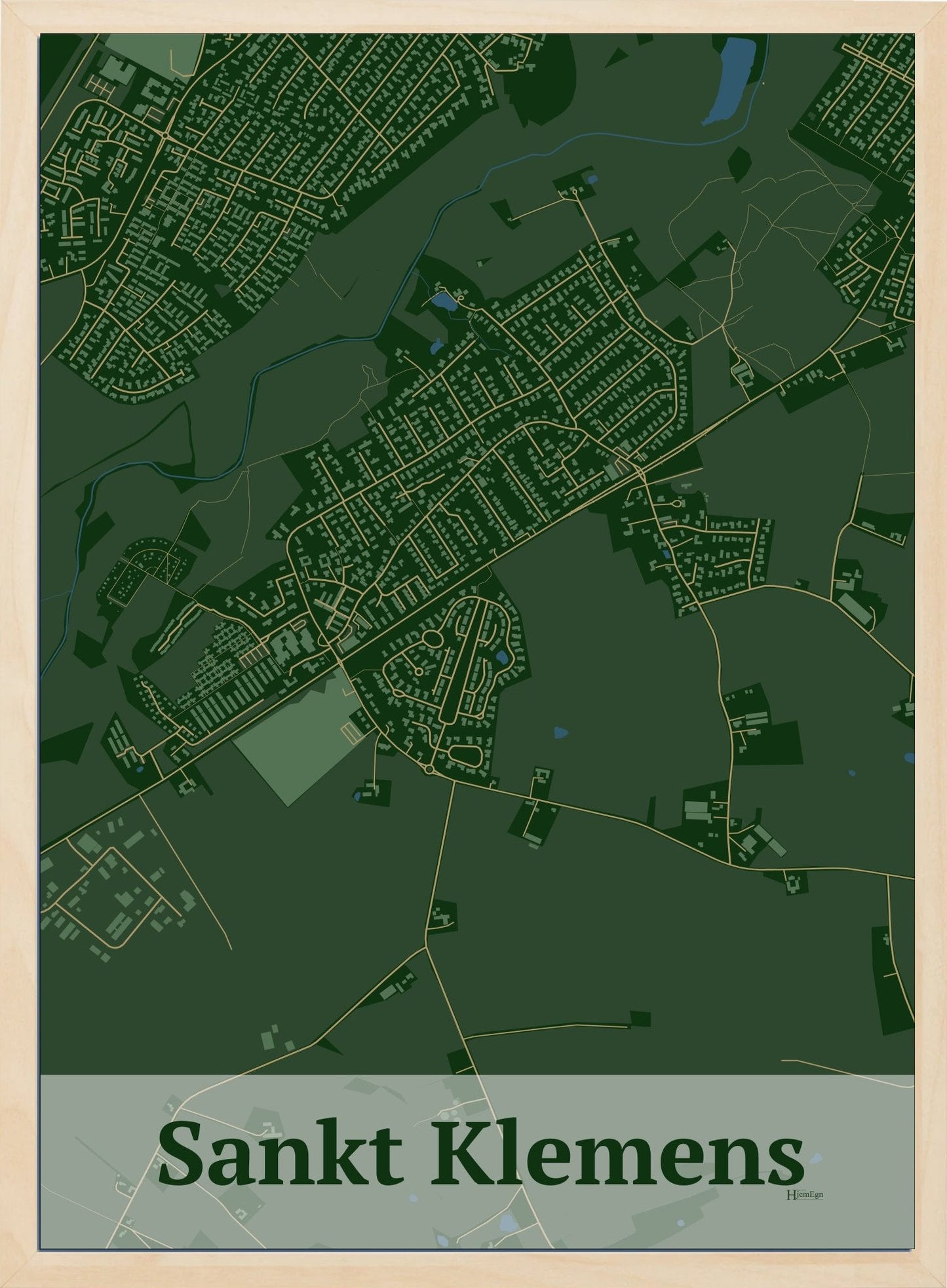 Sankt Klemens plakat i farve mørk grøn og HjemEgn.dk design firkantet. Design bykort for Sankt Klemens