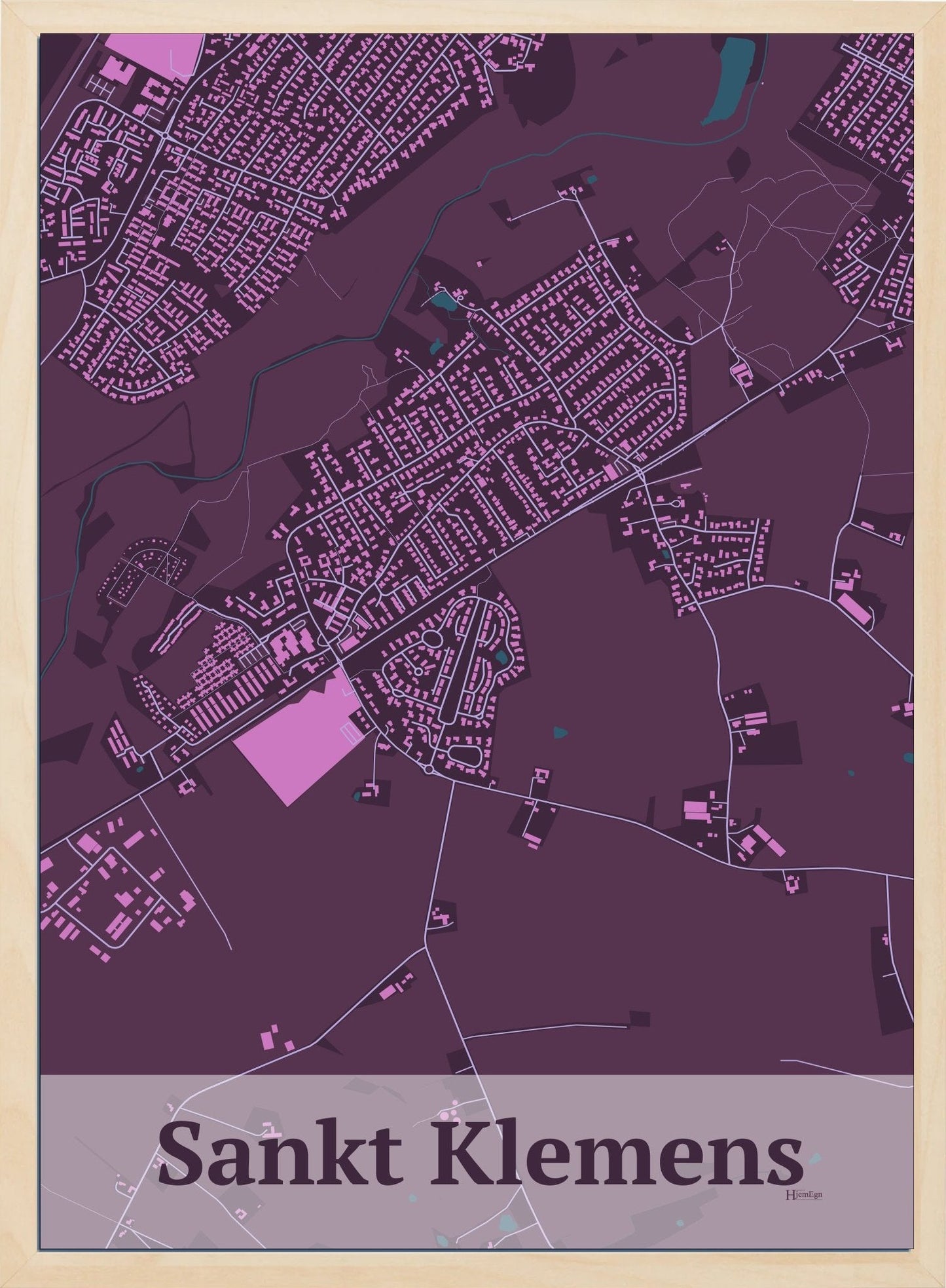 Sankt Klemens plakat i farve mørk rød og HjemEgn.dk design firkantet. Design bykort for Sankt Klemens