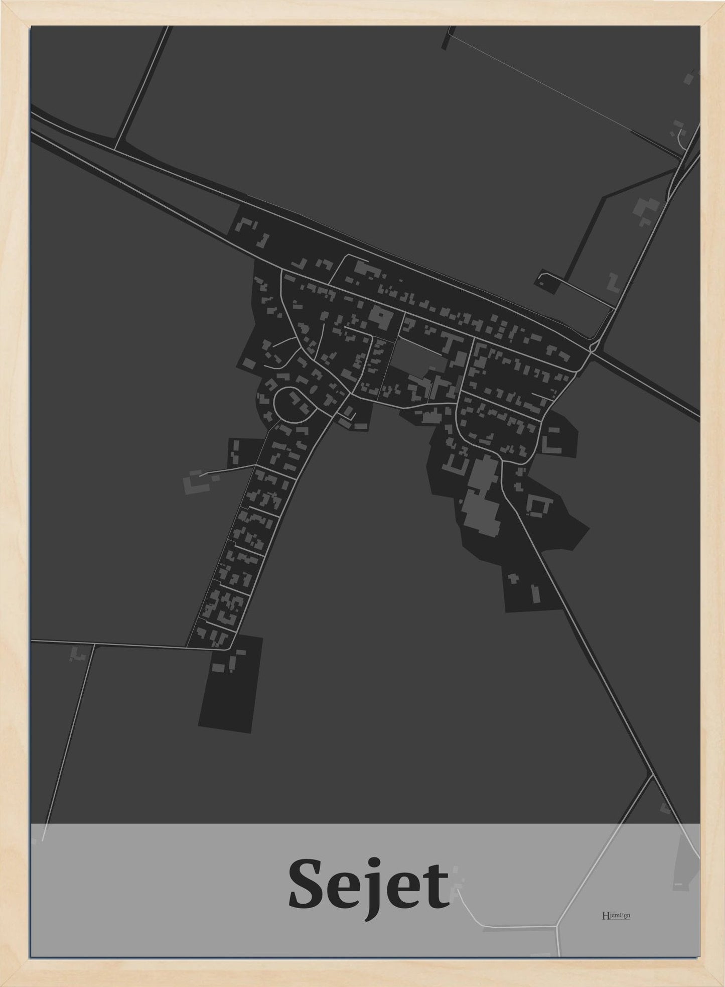 Sejet plakat i farve mørk grå og HjemEgn.dk design firkantet. Design bykort for Sejet