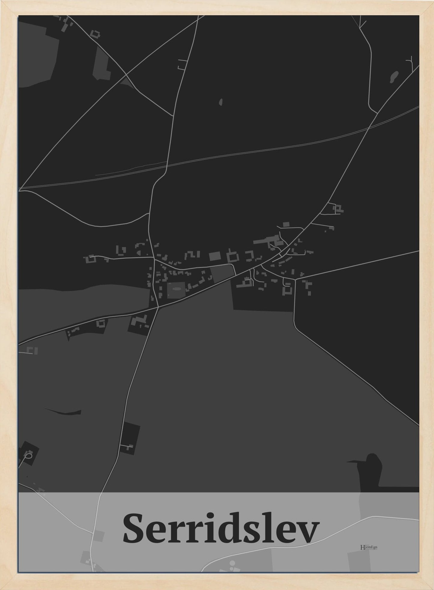 Serridslev plakat i farve mørk grå og HjemEgn.dk design firkantet. Design bykort for Serridslev