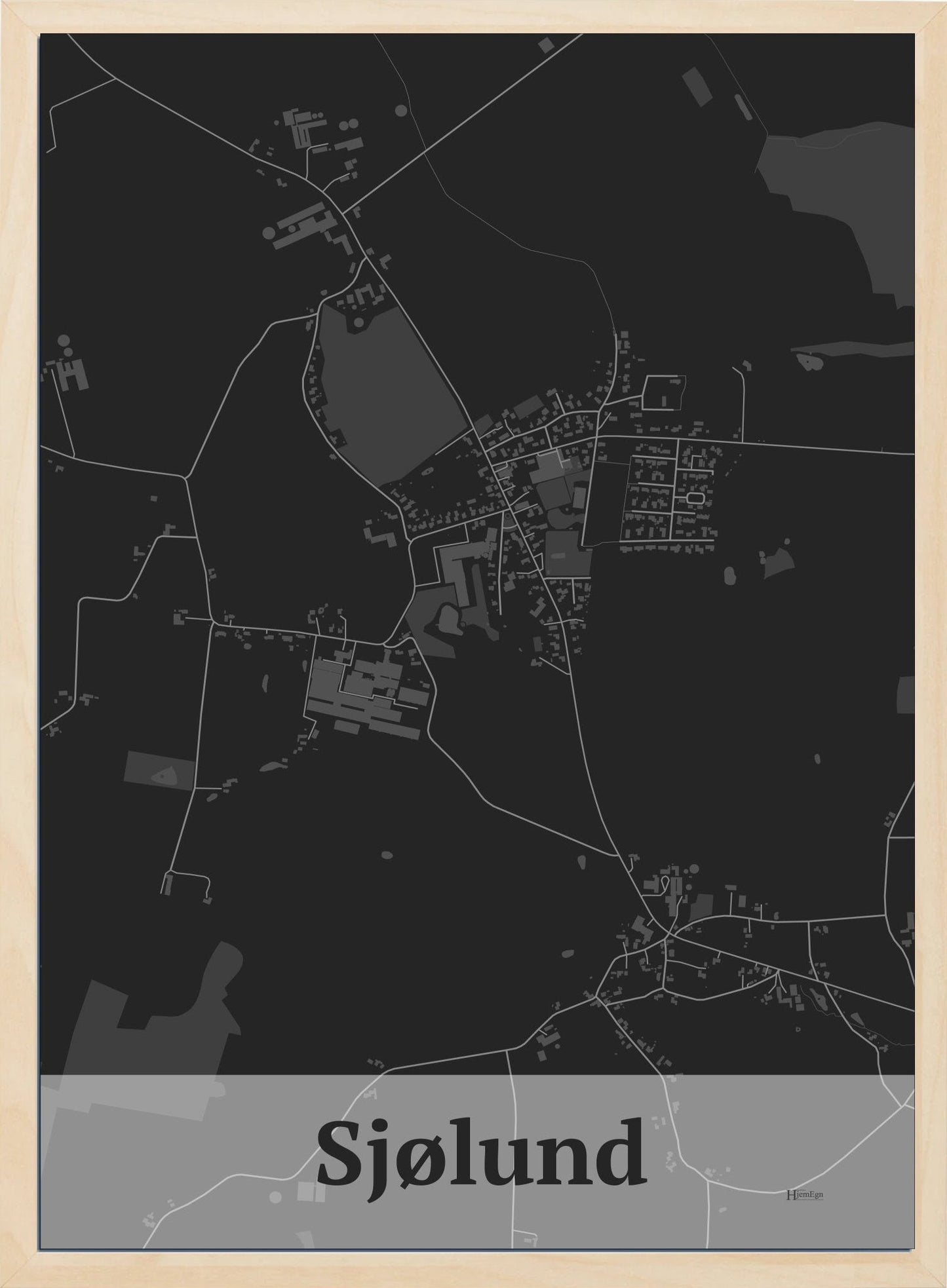 Sjølund plakat i farve mørk grå og HjemEgn.dk design firkantet. Design bykort for Sjølund
