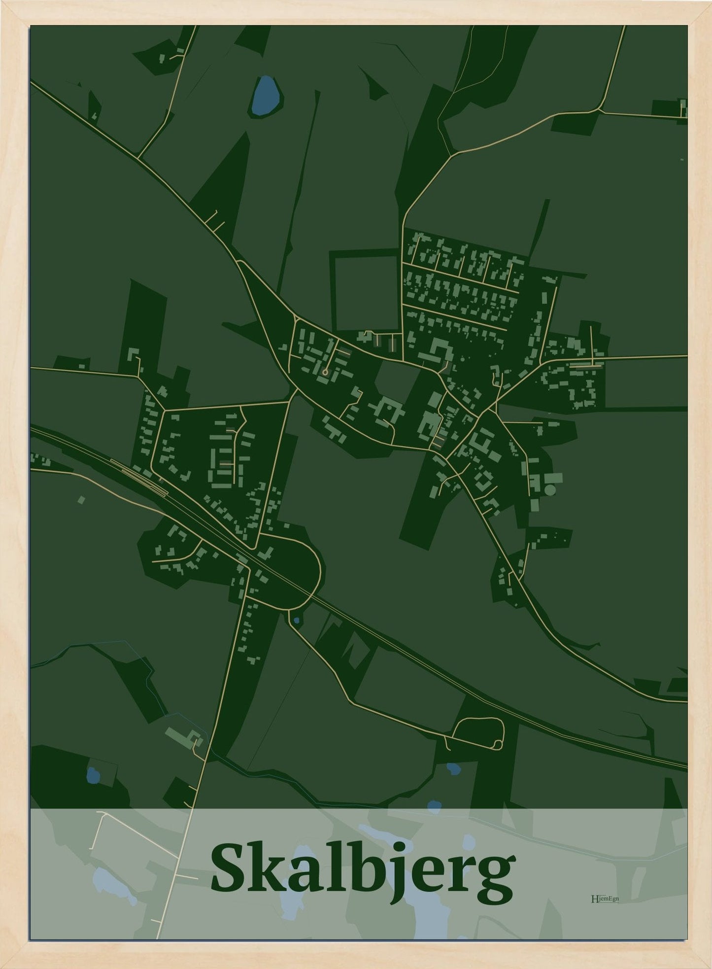 Skalbjerg plakat i farve mørk grøn og HjemEgn.dk design firkantet. Design bykort for Skalbjerg