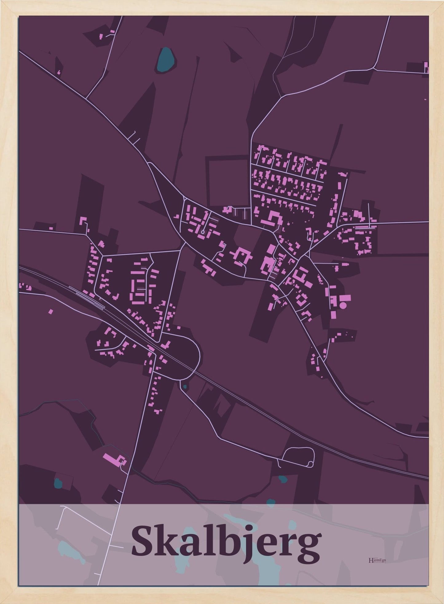 Skalbjerg plakat i farve mørk rød og HjemEgn.dk design firkantet. Design bykort for Skalbjerg