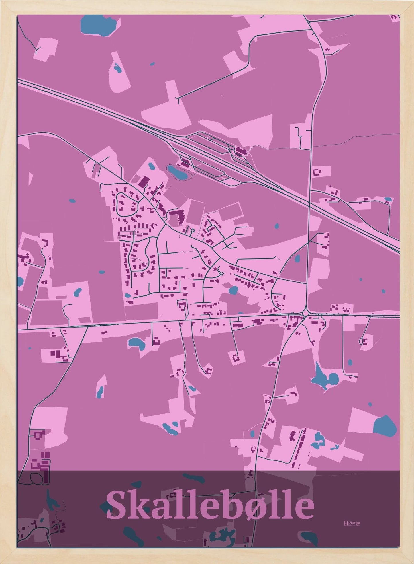 Skallebølle plakat i farve pastel rød og HjemEgn.dk design firkantet. Design bykort for Skallebølle