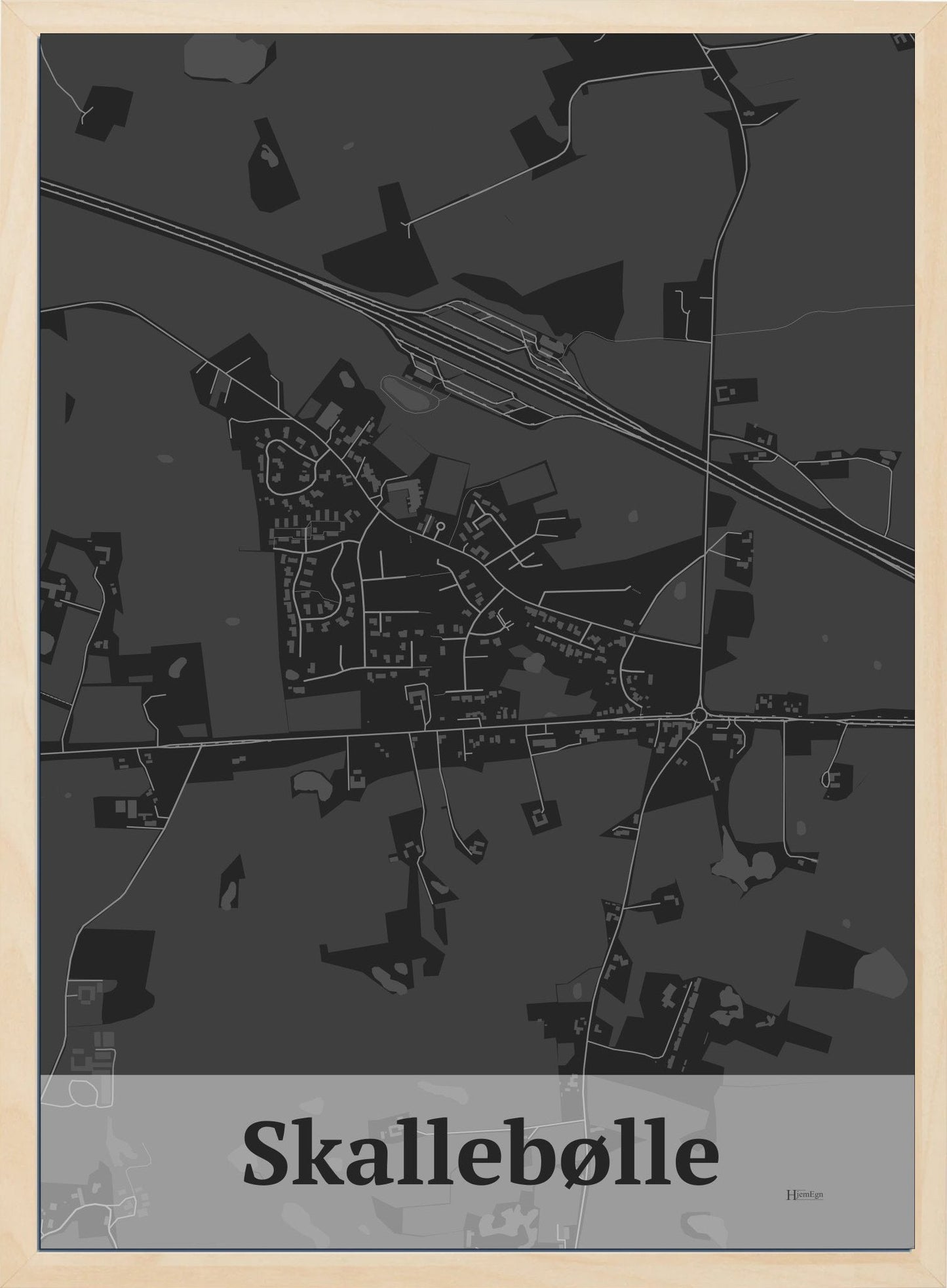 Skallebølle plakat i farve mørk grå og HjemEgn.dk design firkantet. Design bykort for Skallebølle