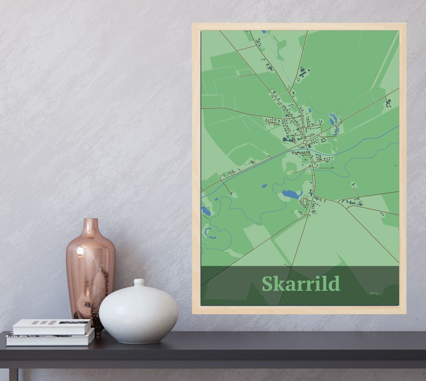 Skarrild plakat i farve og HjemEgn.dk design firkantet. Design bykort for Skarrild