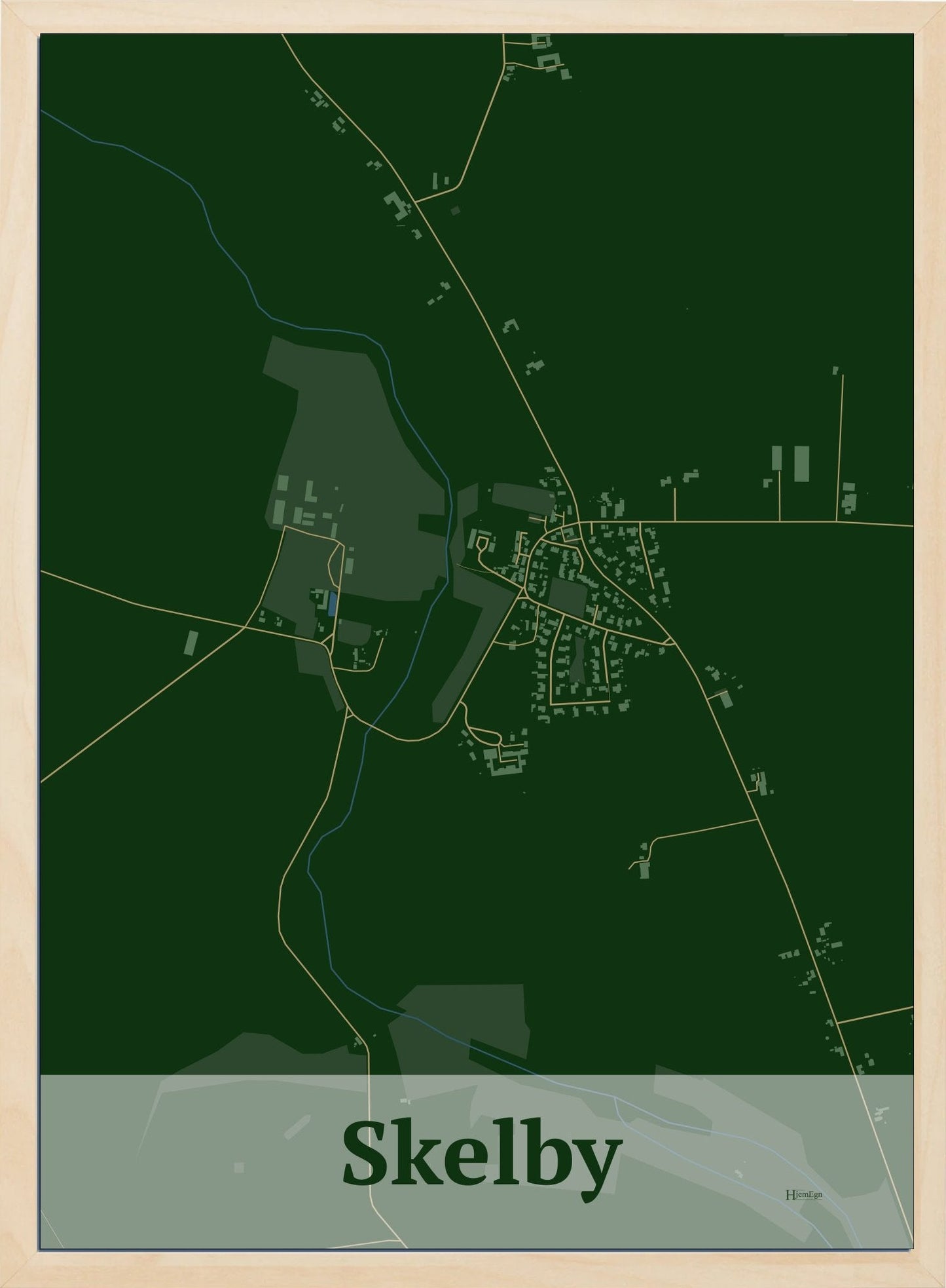 Skelby plakat i farve mørk grøn og HjemEgn.dk design firkantet. Design bykort for Skelby