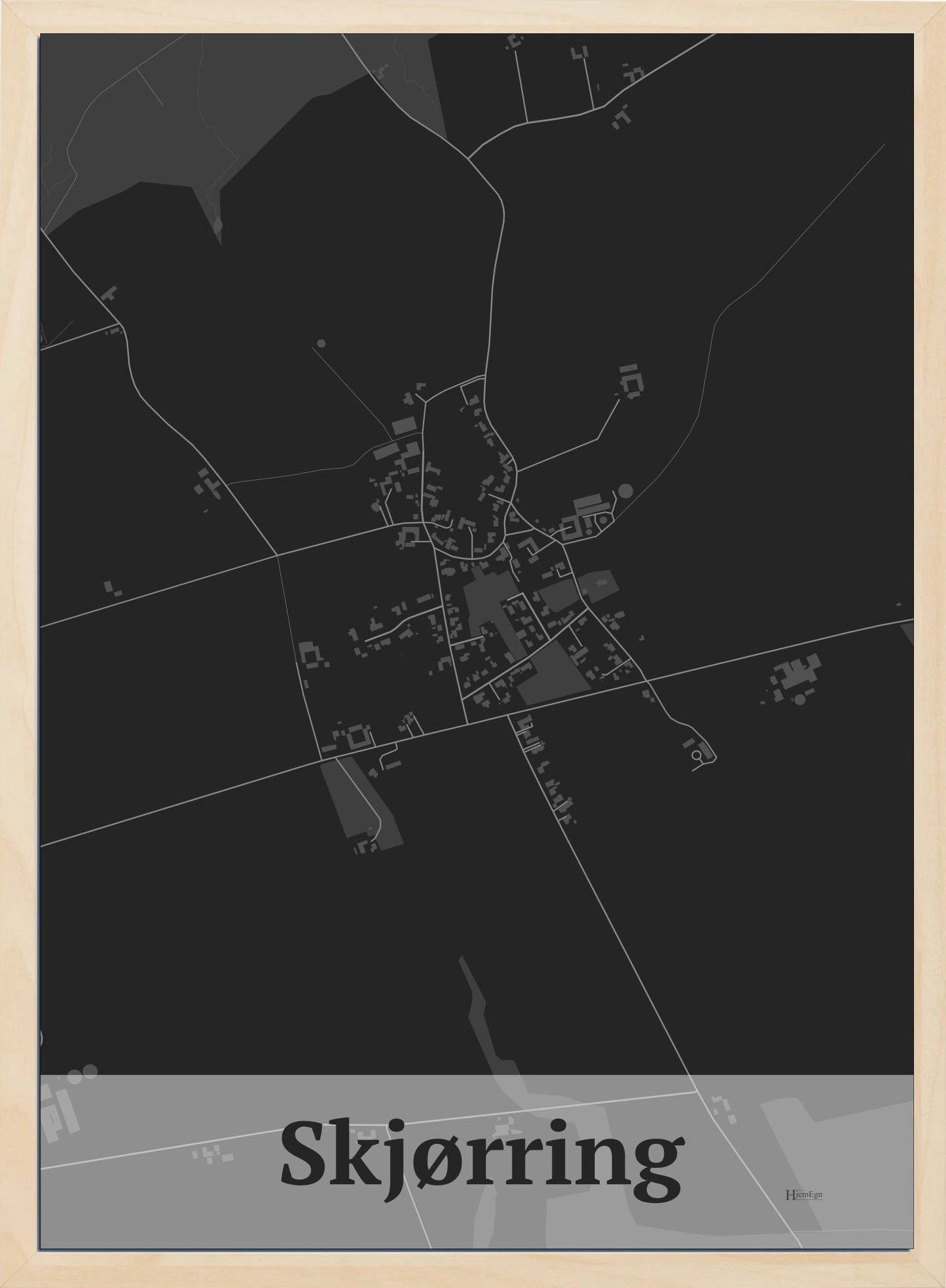 Skjørring plakat i farve mørk grå og HjemEgn.dk design firkantet. Design bykort for Skjørring