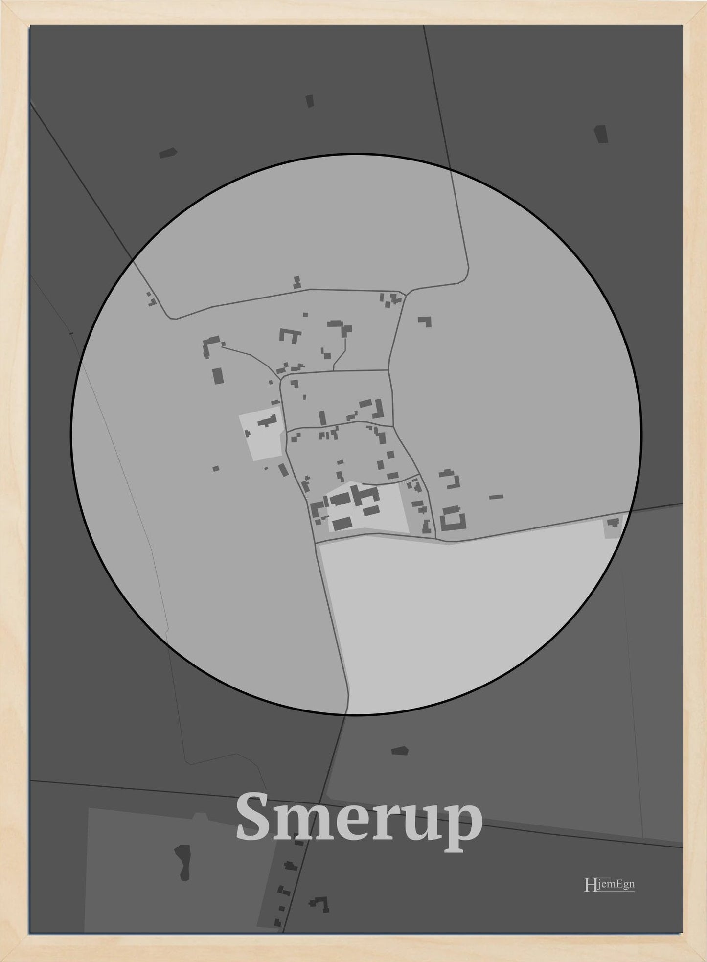 Smerup plakat i farve pastel grå og HjemEgn.dk design centrum. Design bykort for Smerup