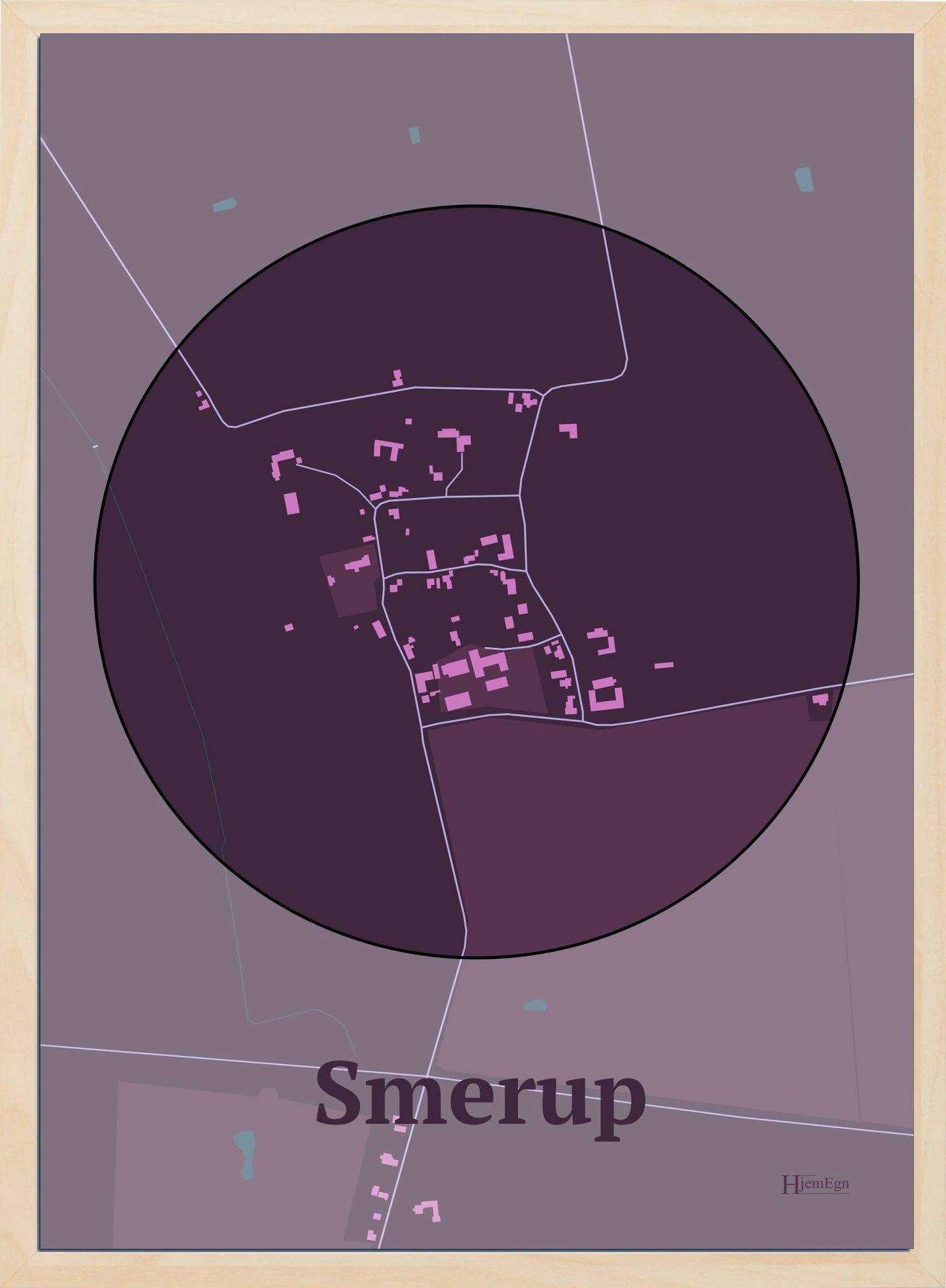 Smerup plakat i farve mørk rød og HjemEgn.dk design centrum. Design bykort for Smerup