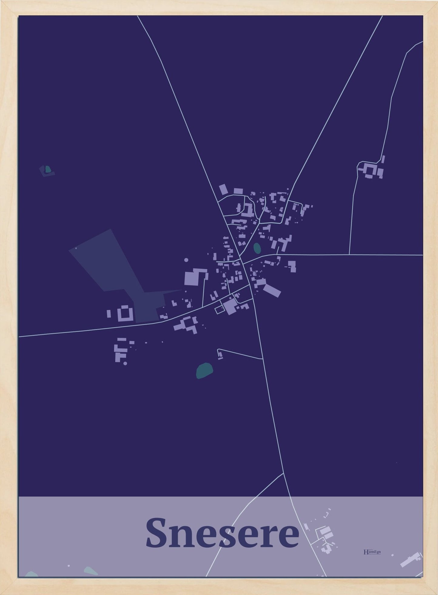 Snesere plakat i mørk grå og HjemEgn.dk design firkantet. Design bykort for Snesere