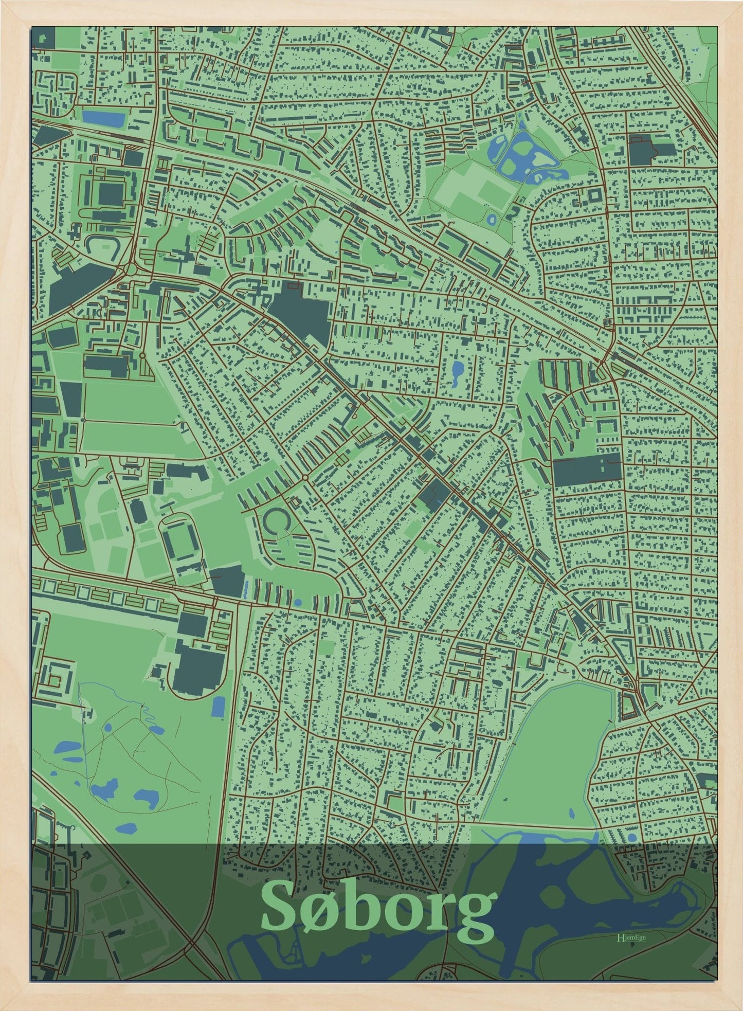 Søborg plakat i farve pastel grøn og HjemEgn.dk design firkantet. Design bykort for Søborg