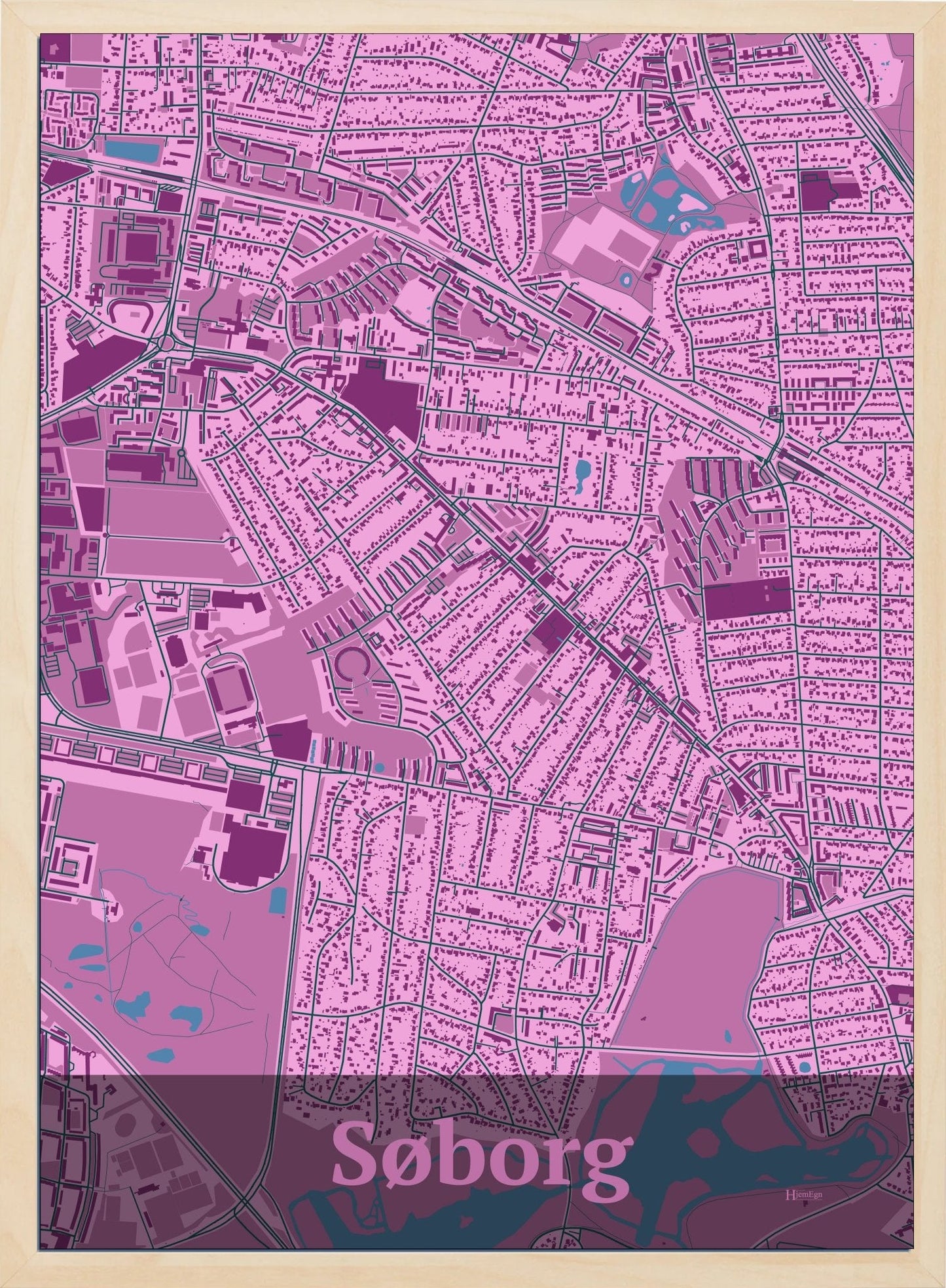 Søborg plakat i farve pastel rød og HjemEgn.dk design firkantet. Design bykort for Søborg