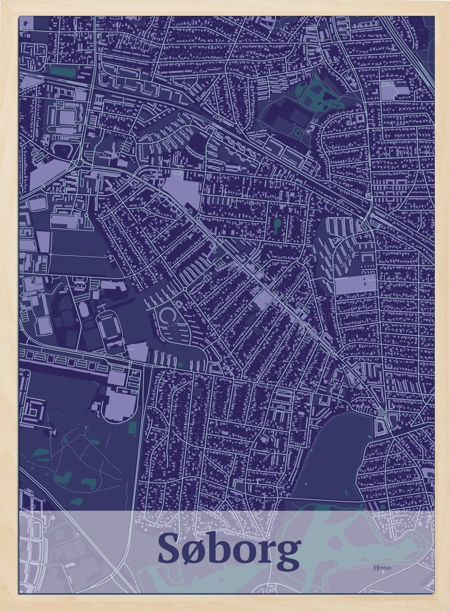 Søborg plakat i farve mørk lilla og HjemEgn.dk design firkantet. Design bykort for Søborg