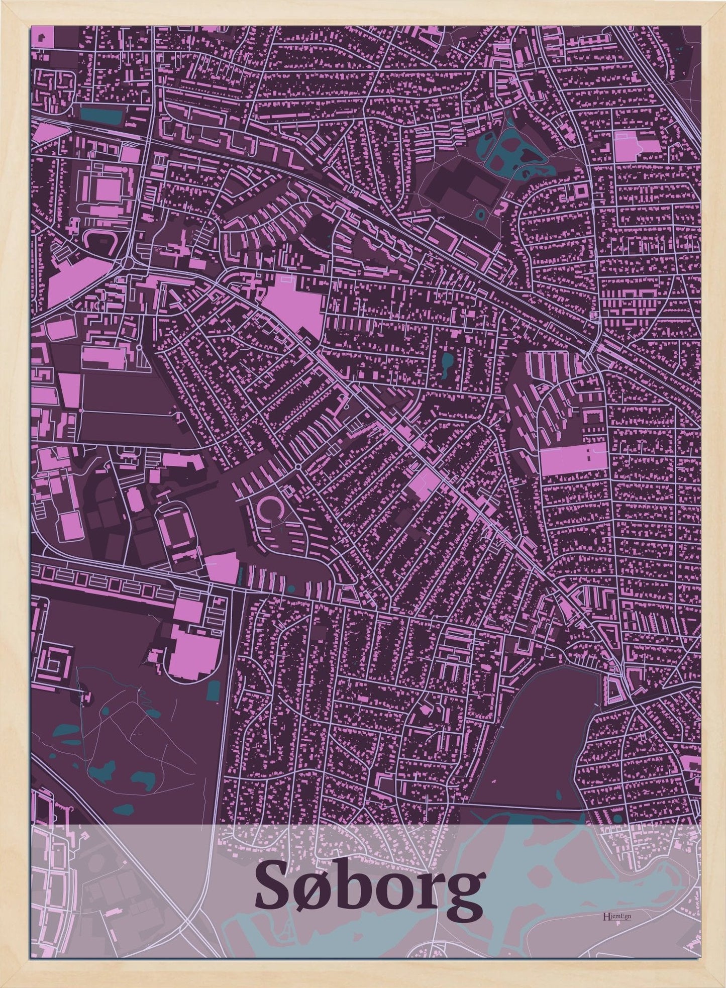 Søborg plakat i farve mørk rød og HjemEgn.dk design firkantet. Design bykort for Søborg
