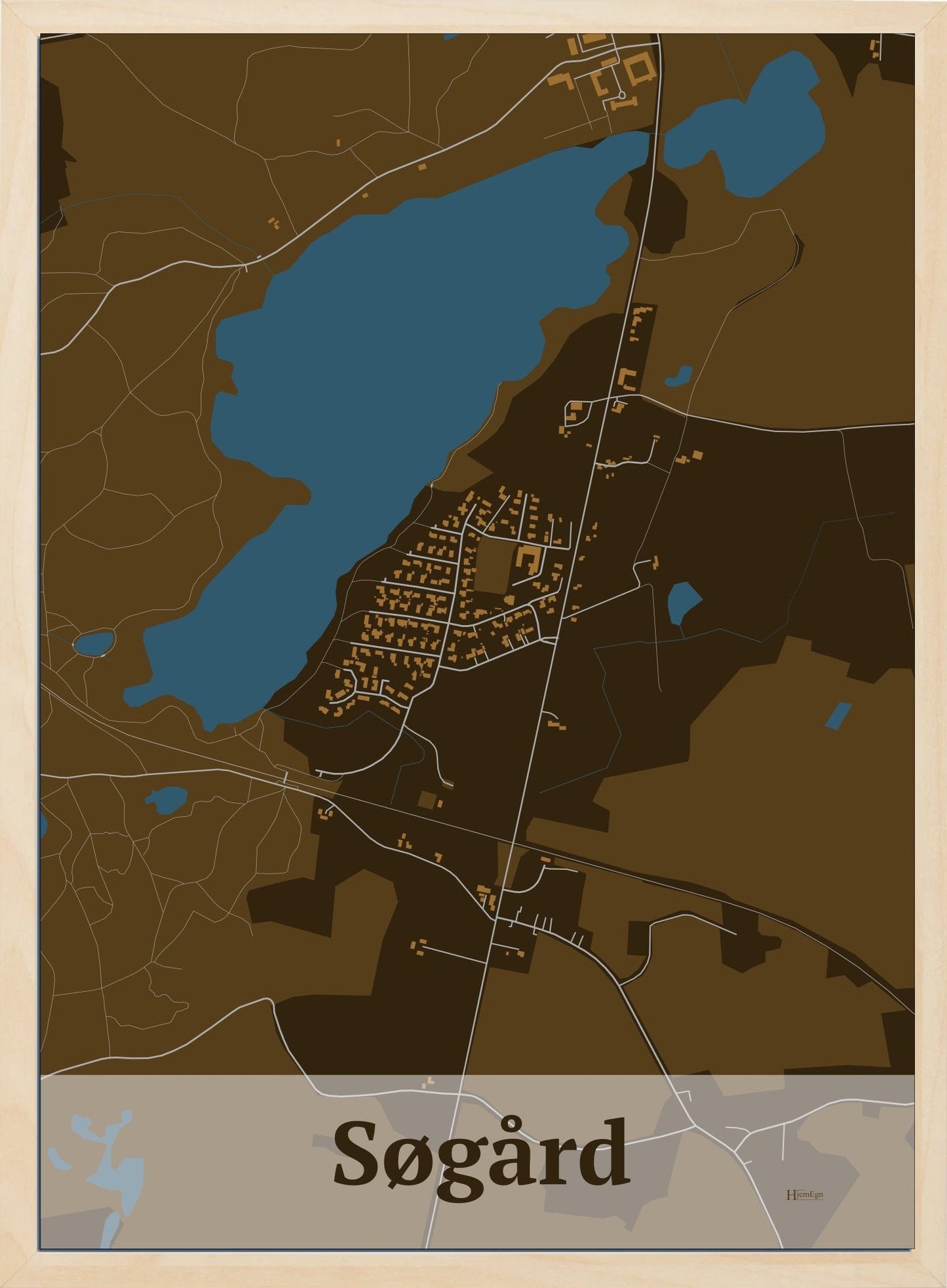 Søgård plakat i farve mørk brun og HjemEgn.dk design firkantet. Design bykort for Søgård
