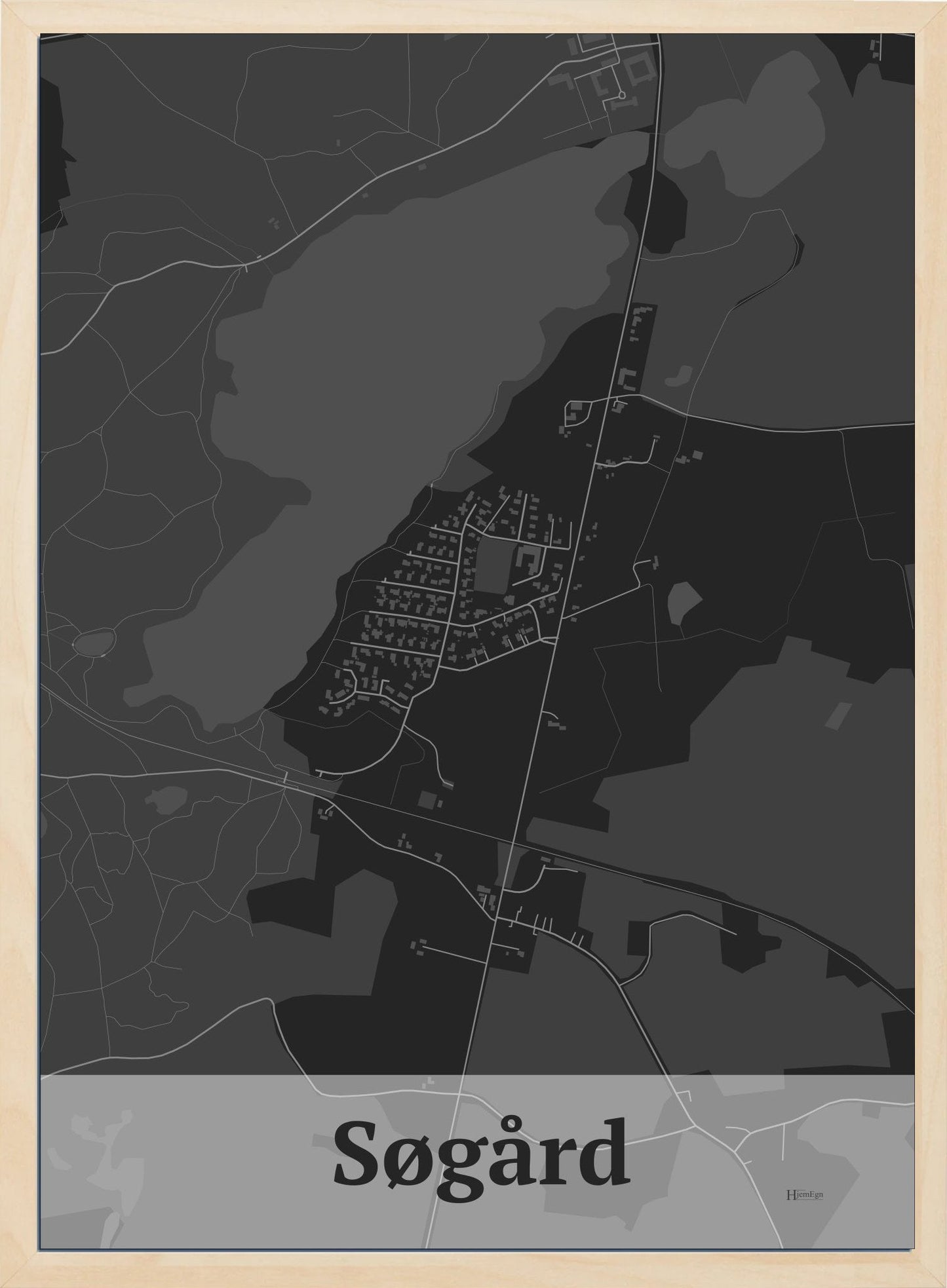 Søgård plakat i farve mørk grå og HjemEgn.dk design firkantet. Design bykort for Søgård