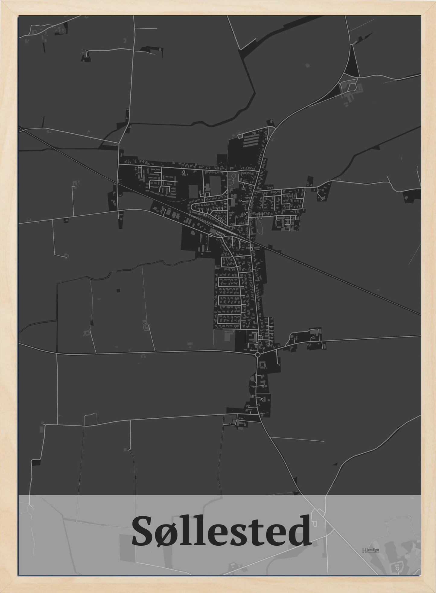 Søllested plakat i farve mørk grå og HjemEgn.dk design firkantet. Design bykort for Søllested
