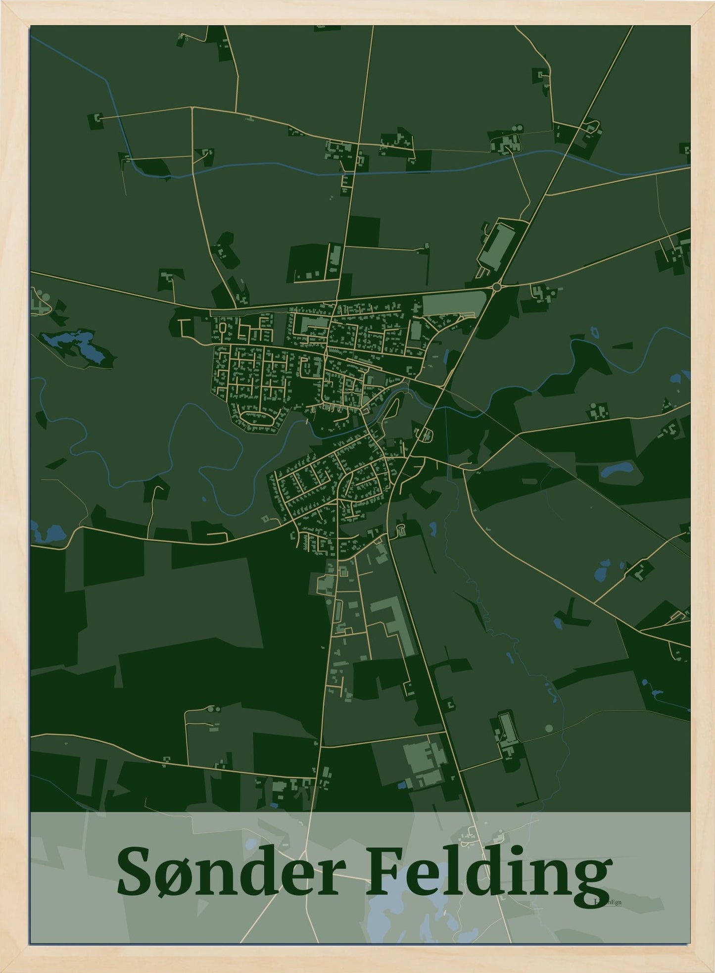 Sønder Felding plakat i farve mørk grøn og HjemEgn.dk design firkantet. Design bykort for Sønder Felding