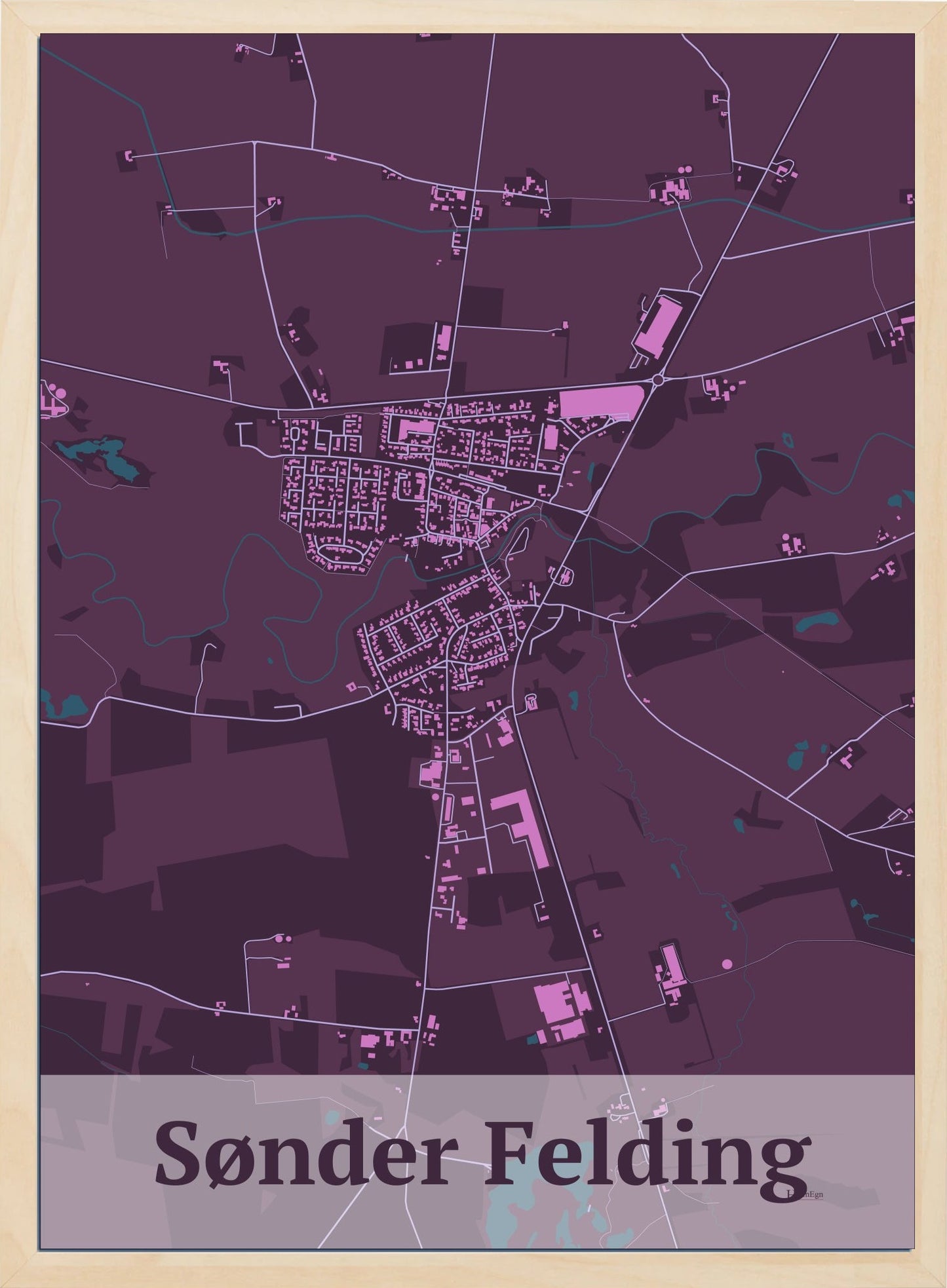Sønder Felding plakat i farve mørk rød og HjemEgn.dk design firkantet. Design bykort for Sønder Felding
