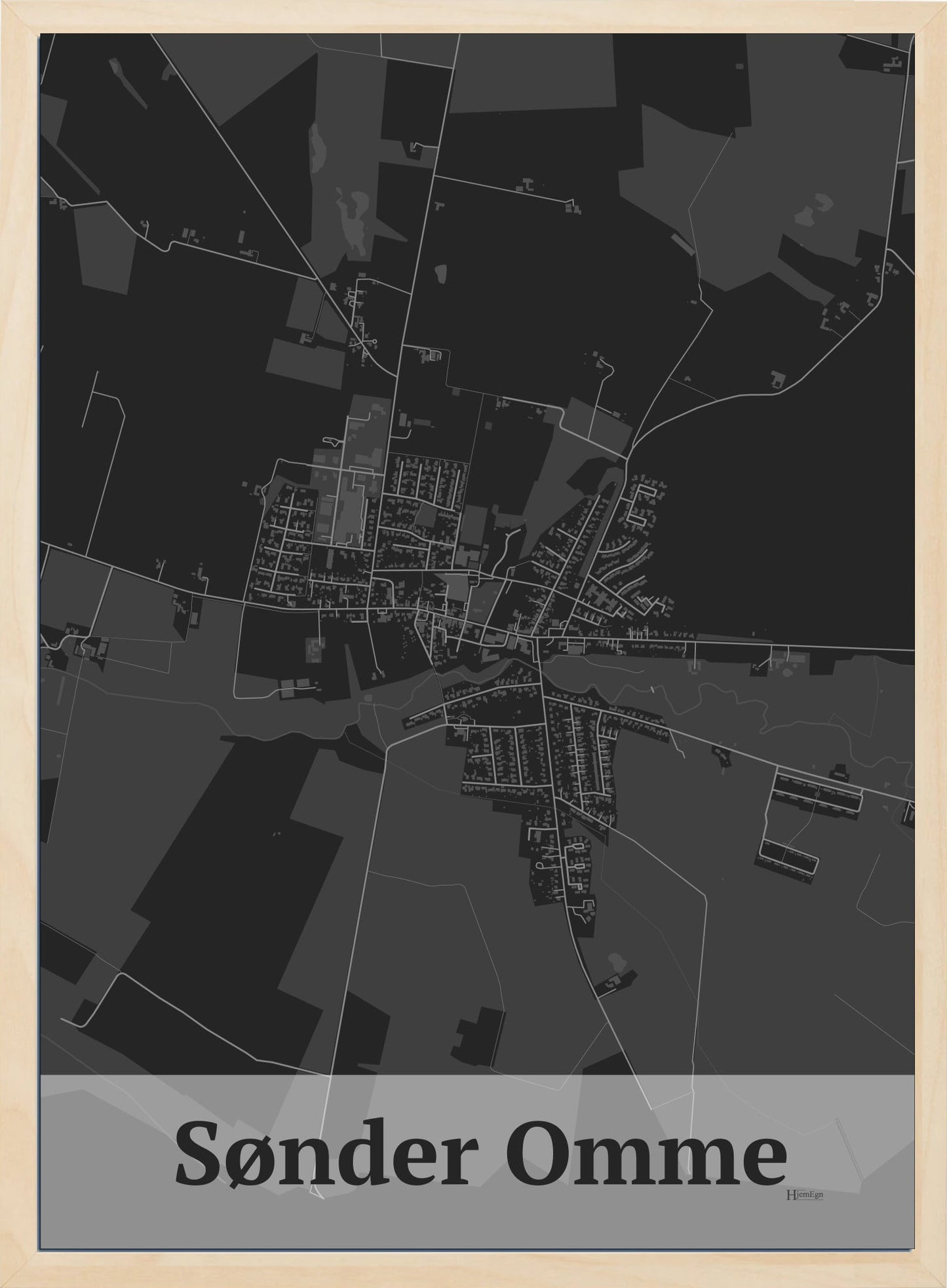 Sønder Omme plakat i farve mørk grå og HjemEgn.dk design firkantet. Design bykort for Sønder Omme