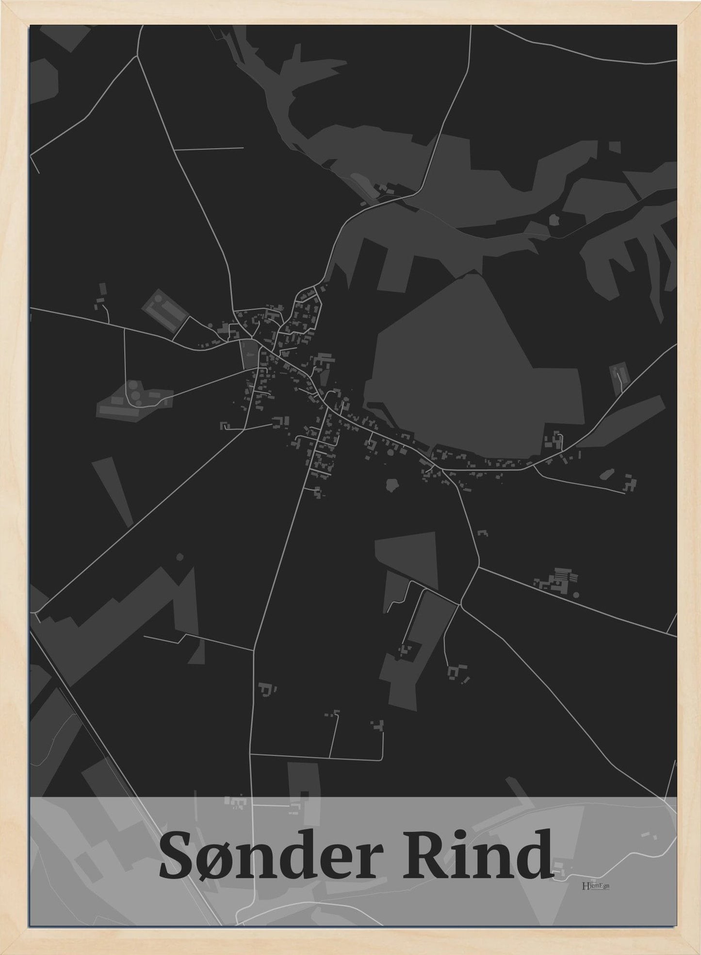 Sønder Rind plakat i farve mørk grå og HjemEgn.dk design firkantet. Design bykort for Sønder Rind