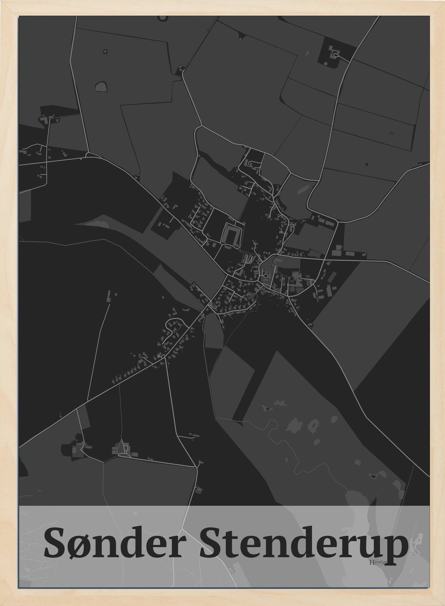 Sønder Stenderup plakat i farve mørk grå og HjemEgn.dk design firkantet. Design bykort for Sønder Stenderup