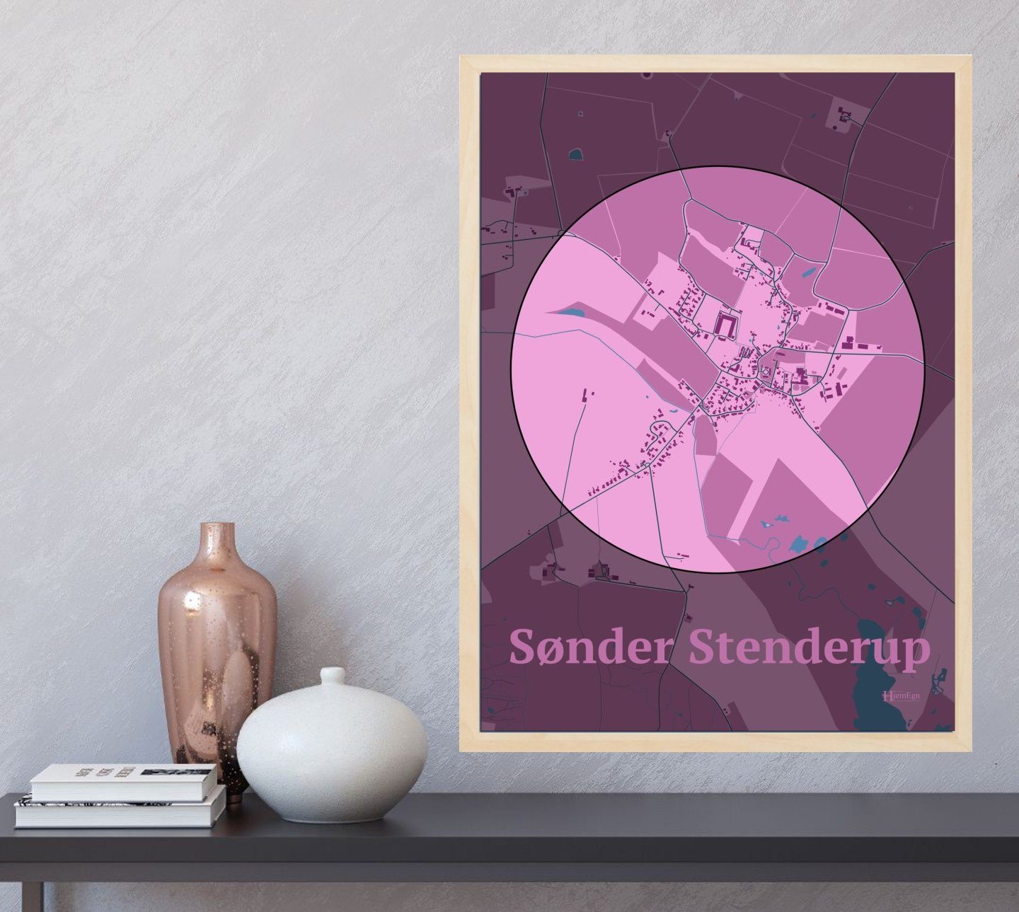 Sønder Stenderup plakat i farve og HjemEgn.dk design centrum. Design bykort for Sønder Stenderup