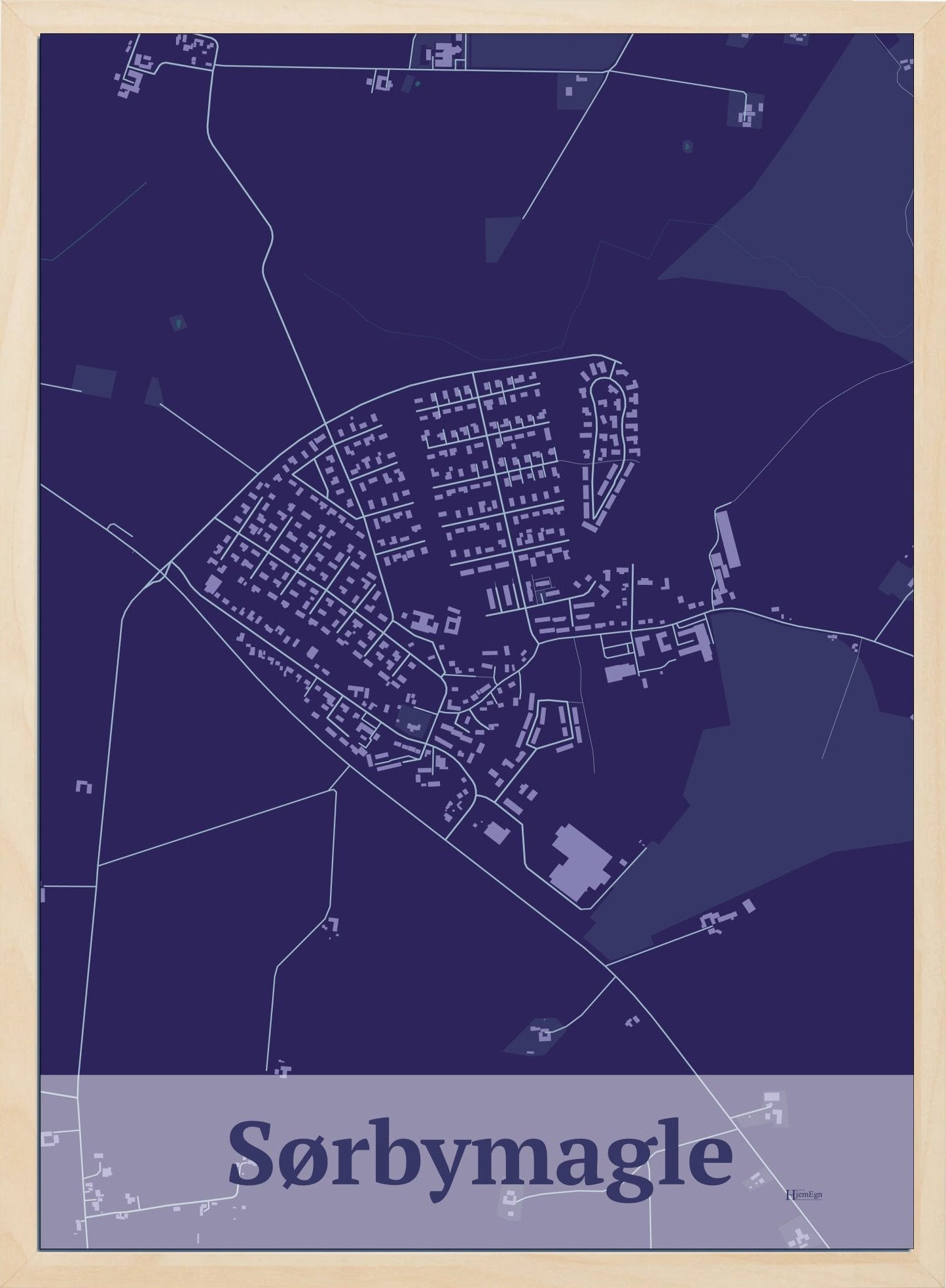 Sørbymagle plakat i farve mørk lilla og HjemEgn.dk design firkantet. Design bykort for Sørbymagle