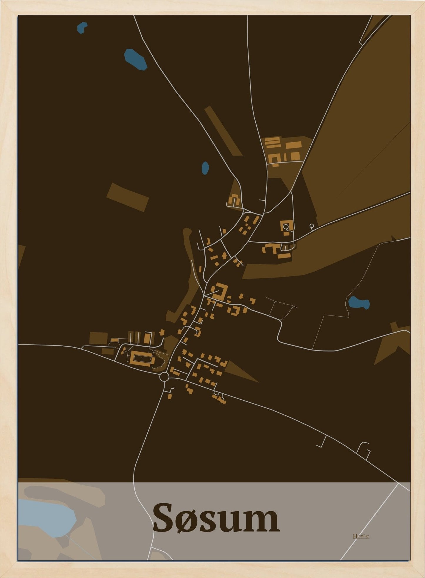 Søsum plakat i farve mørk brun og HjemEgn.dk design firkantet. Design bykort for Søsum
