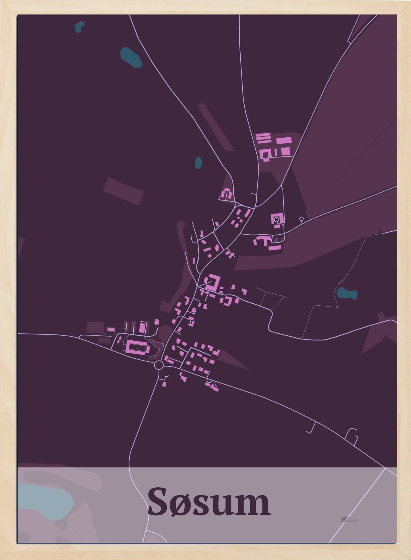 Søsum plakat i farve mørk rød og HjemEgn.dk design firkantet. Design bykort for Søsum