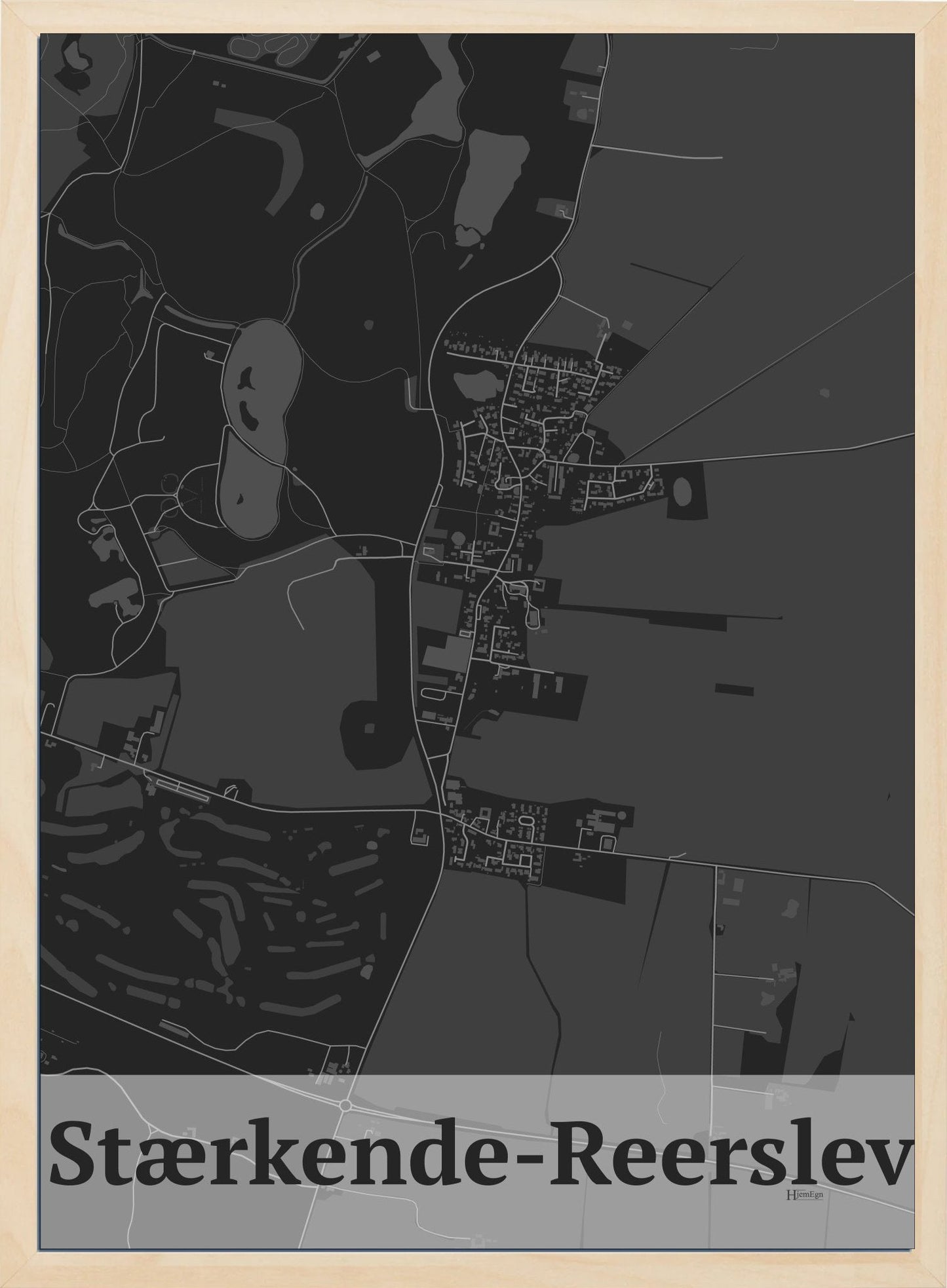 Stærkende-reerslev plakat i farve mørk grå og HjemEgn.dk design firkantet. Design bykort for Stærkende-reerslev
