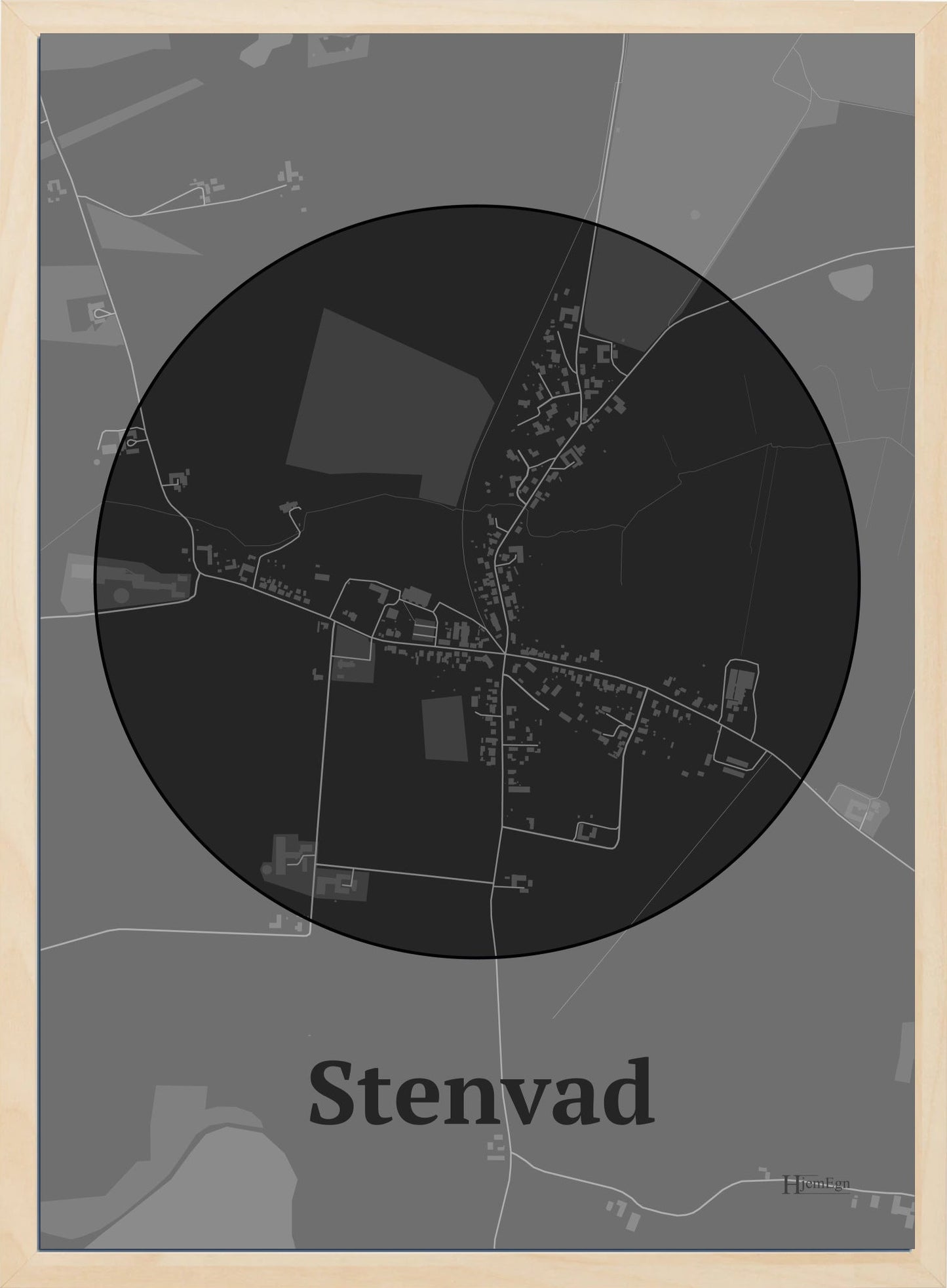 Stenvad plakat i farve mørk grå og HjemEgn.dk design centrum. Design bykort for Stenvad