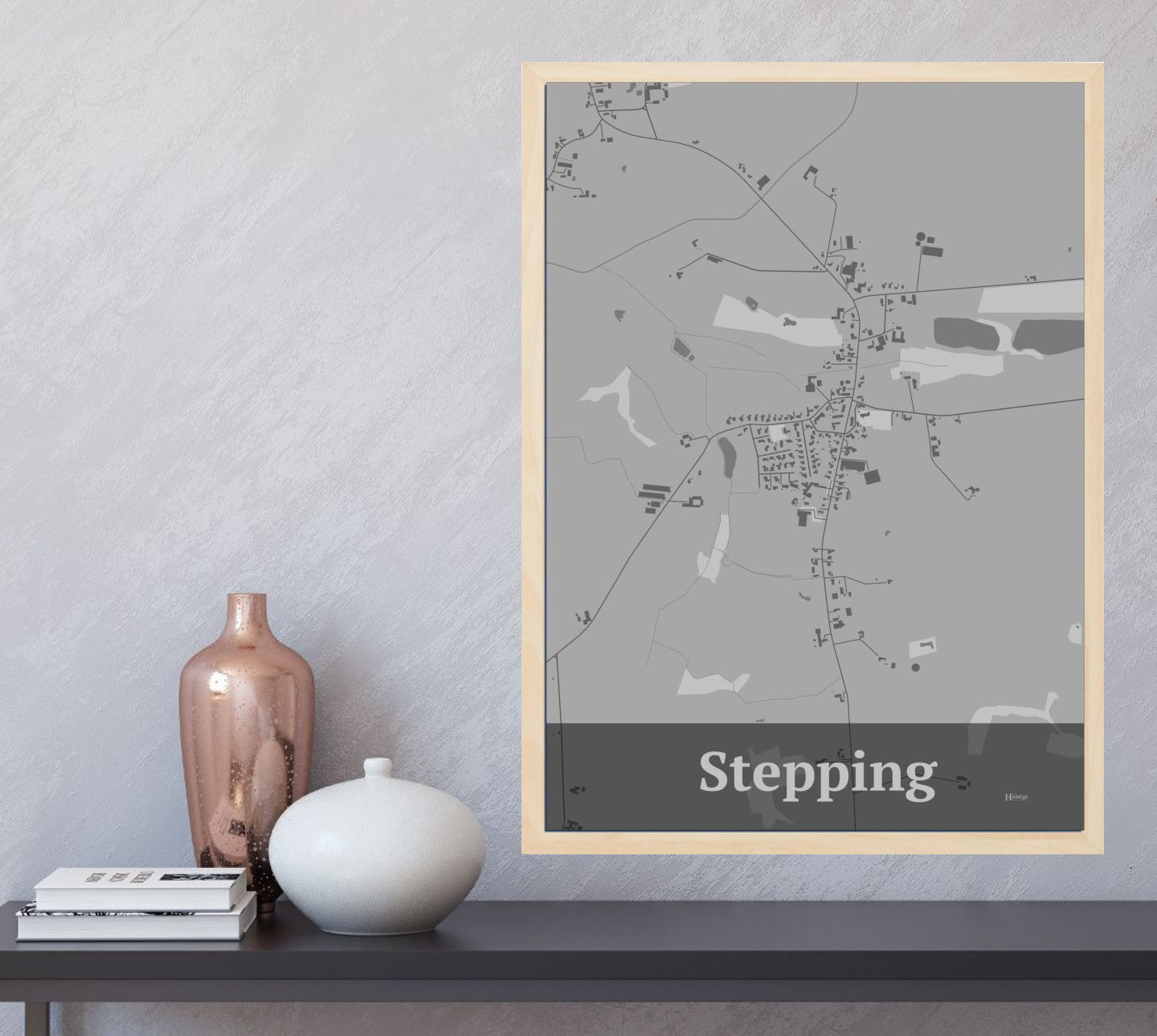Stepping plakat i farve og HjemEgn.dk design firkantet. Design bykort for Stepping