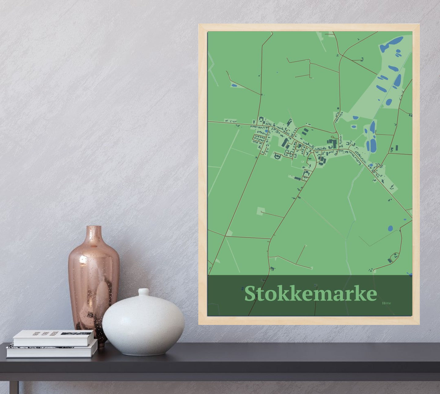 Stokkemarke plakat i farve og HjemEgn.dk design firkantet. Design bykort for Stokkemarke