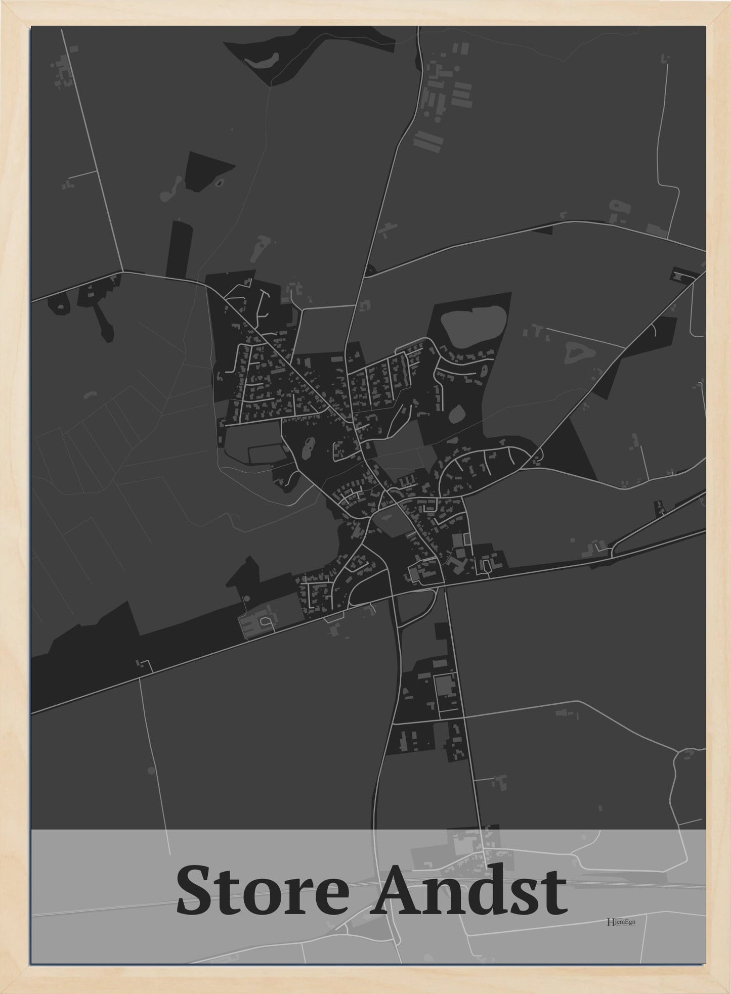 Store Andst plakat i farve mørk grå og HjemEgn.dk design firkantet. Design bykort for Store Andst