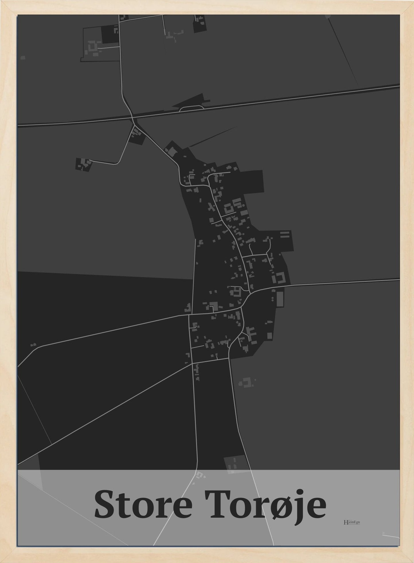 Store Torøje plakat i farve mørk grå og HjemEgn.dk design firkantet. Design bykort for Store Torøje