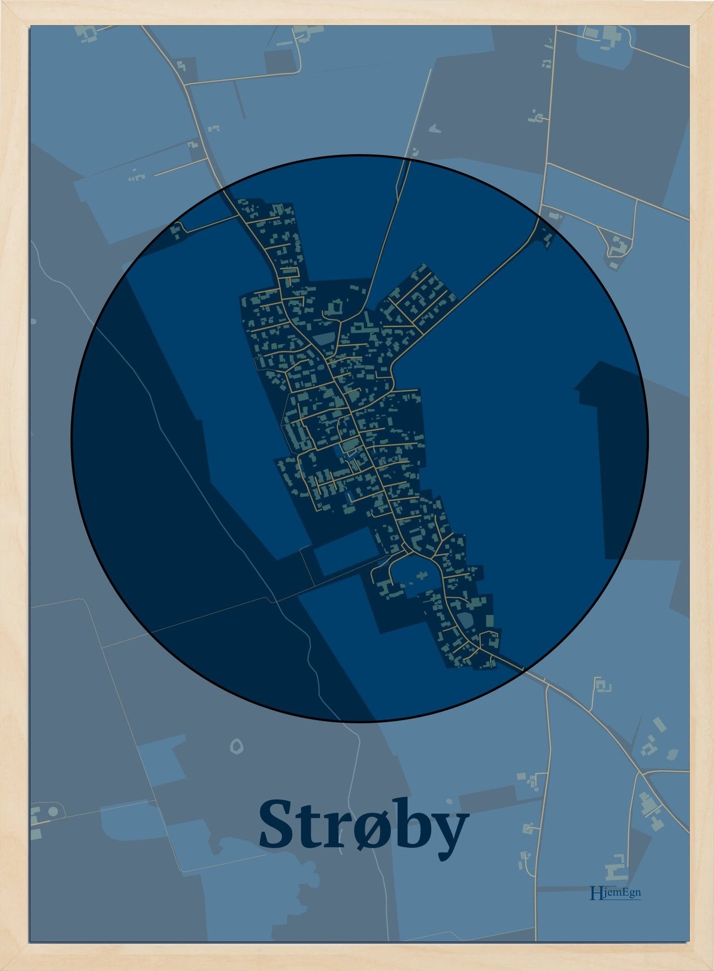 Strøby plakat i farve mørk blå og HjemEgn.dk design centrum. Design bykort for Strøby