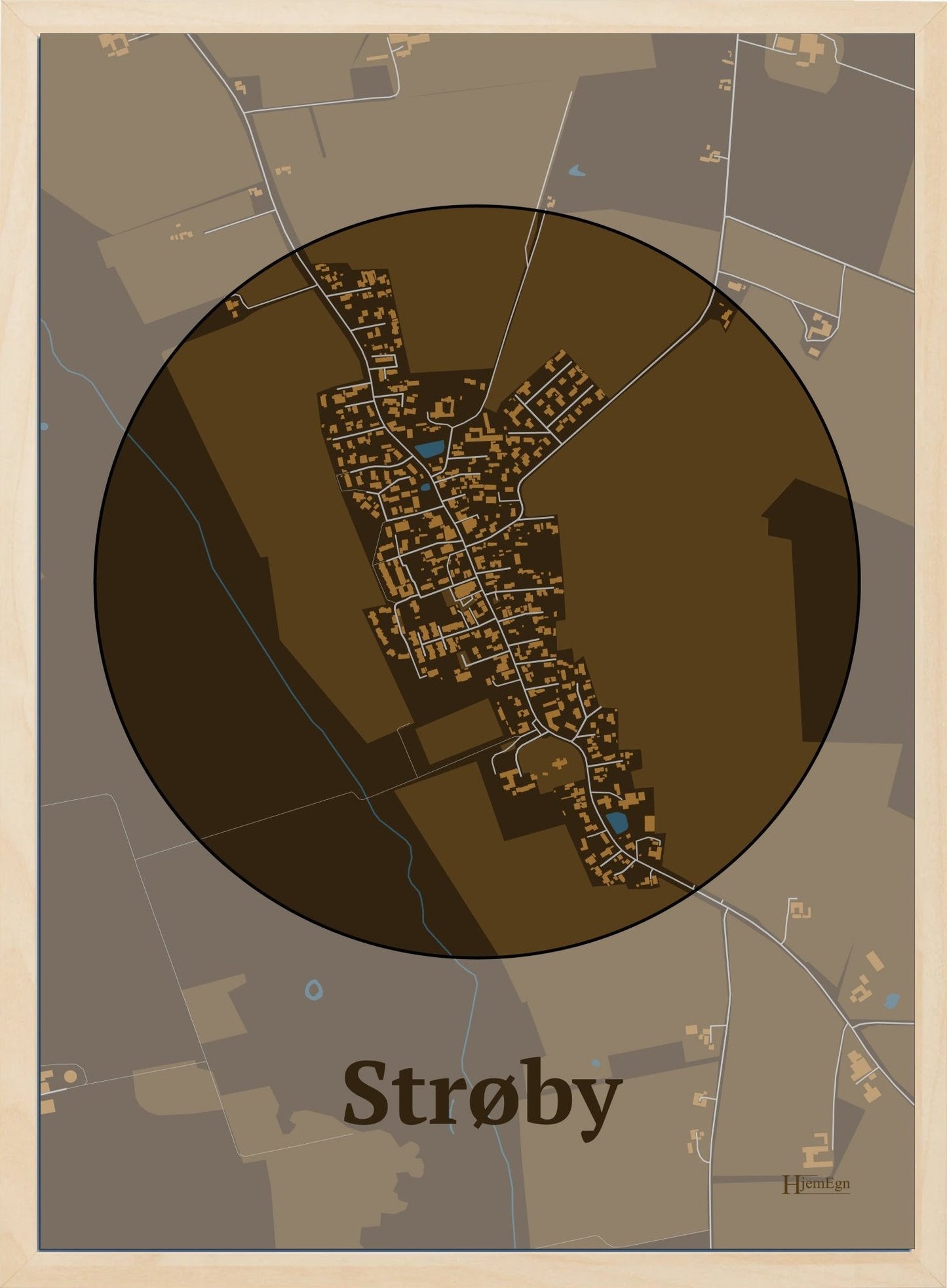 Strøby plakat i farve mørk brun og HjemEgn.dk design centrum. Design bykort for Strøby