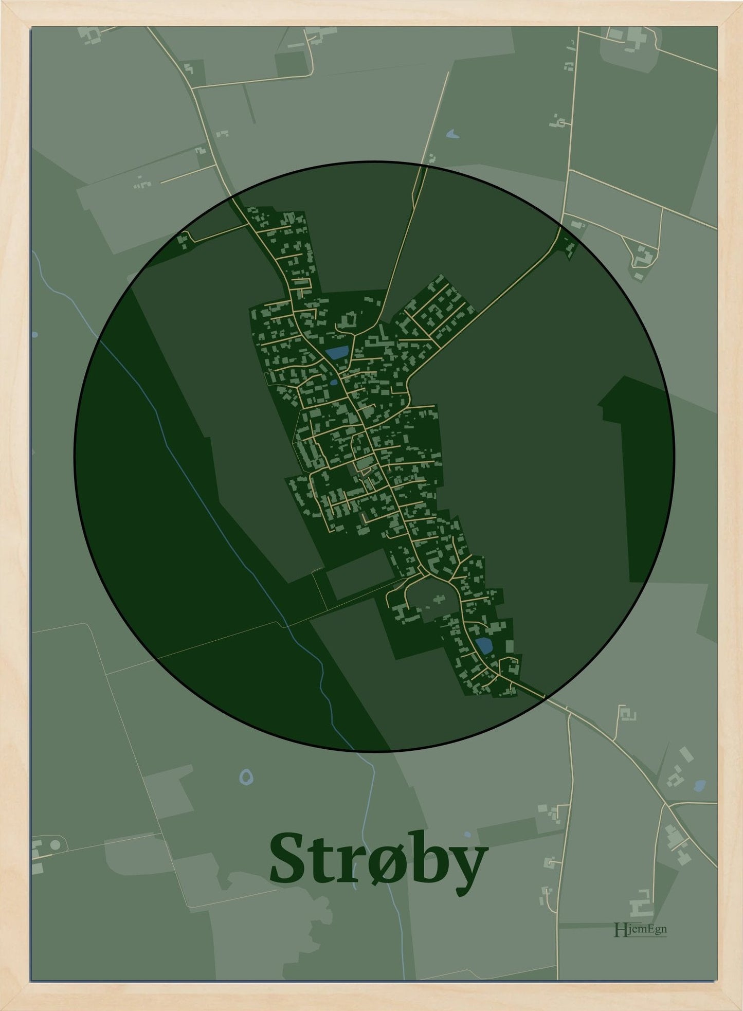 Strøby plakat i farve mørk grøn og HjemEgn.dk design centrum. Design bykort for Strøby